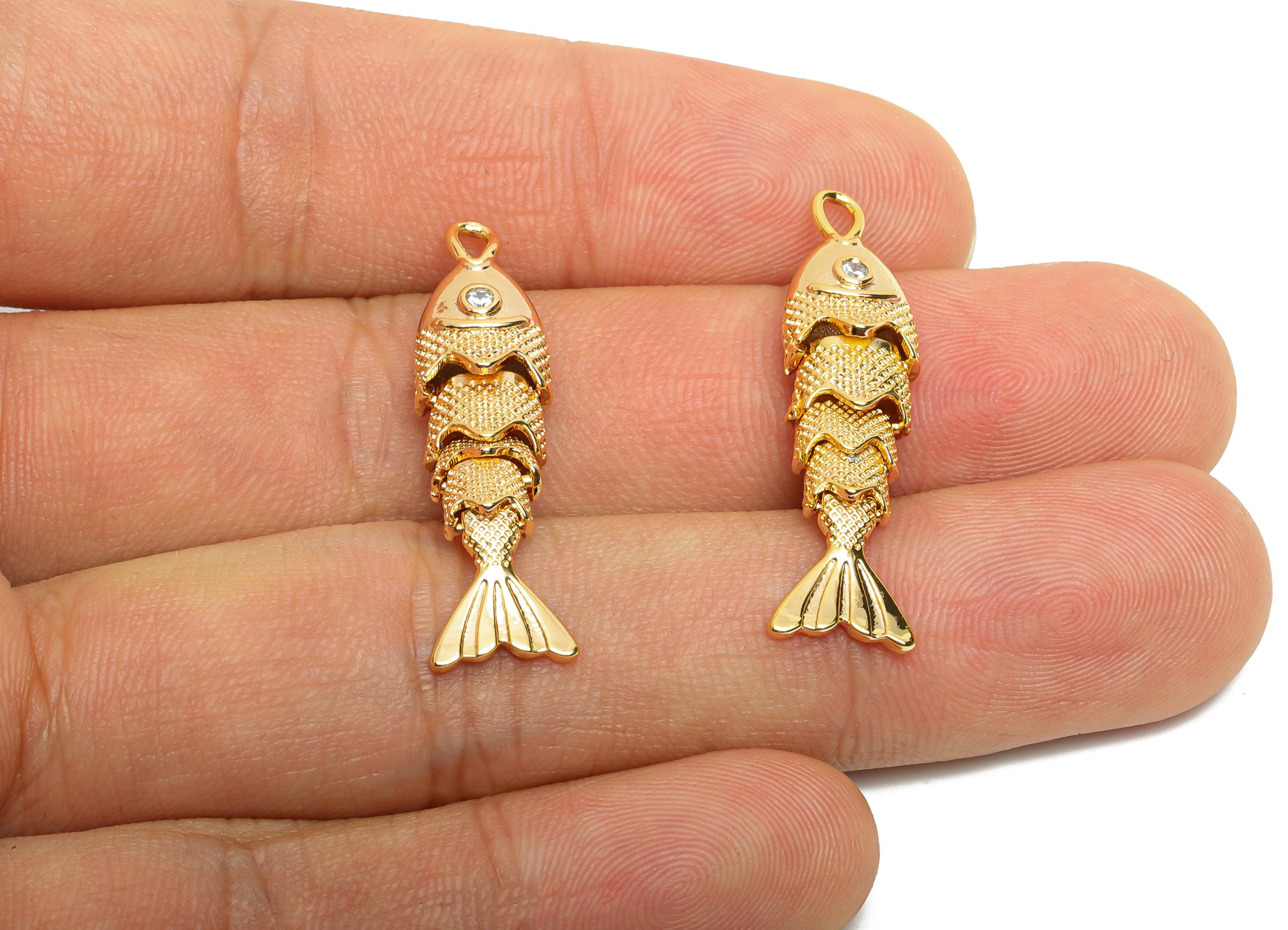 Movable 3D Articulated Fish Charms - Brass Textured Cubic Zircon Flexible Marine Pendant - 18K Real Gold Plated - 32.9x8.54x6mm - RGP10520 - DOMEDBAZAAR