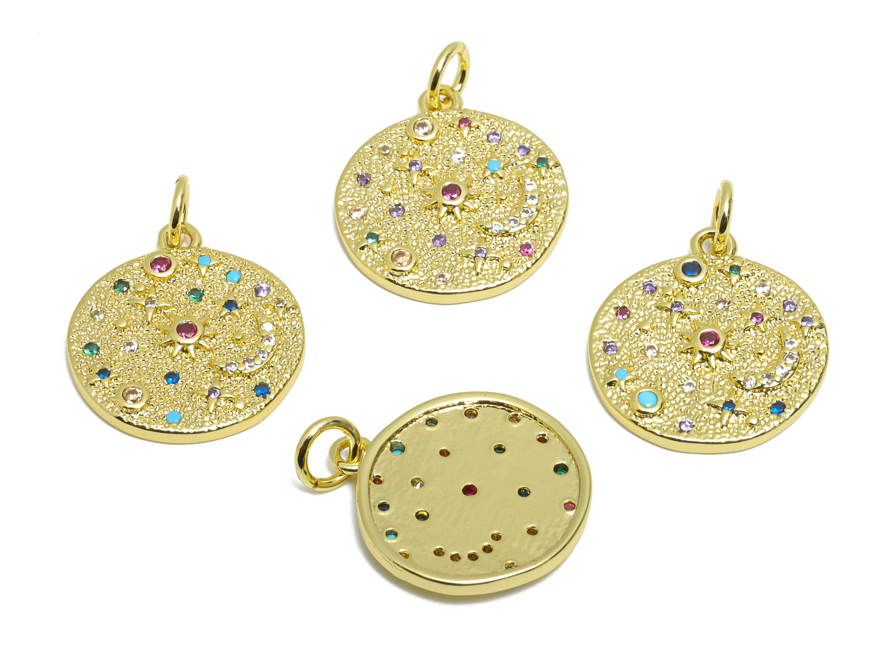 Brass Celestial Pendant - Brass Dainty Cubic Zircon Pendant - Gold Star Coin Space Pendant - 18K Real Gold Plated - 17x15x2.51mm - RGP10551 - DOMEDBAZAAR