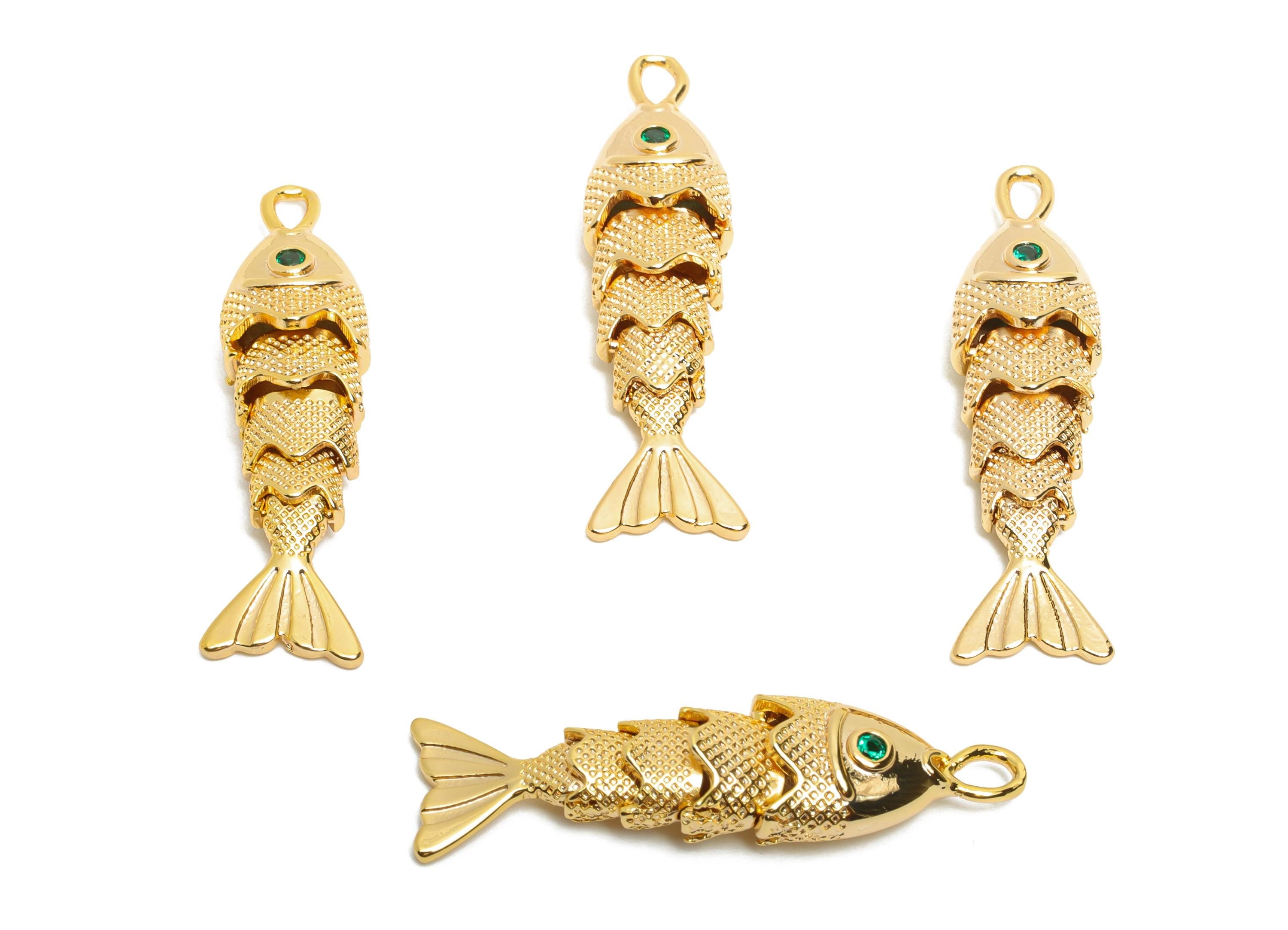 Gold Movable Fish Charms - Dainty Articulated Brass Fish Pendant - CZ Handmade Fish Jewelry - 18K Gold Plating - 32.9x8.54x6.14mm - RGP10521 - DOMEDBAZAAR
