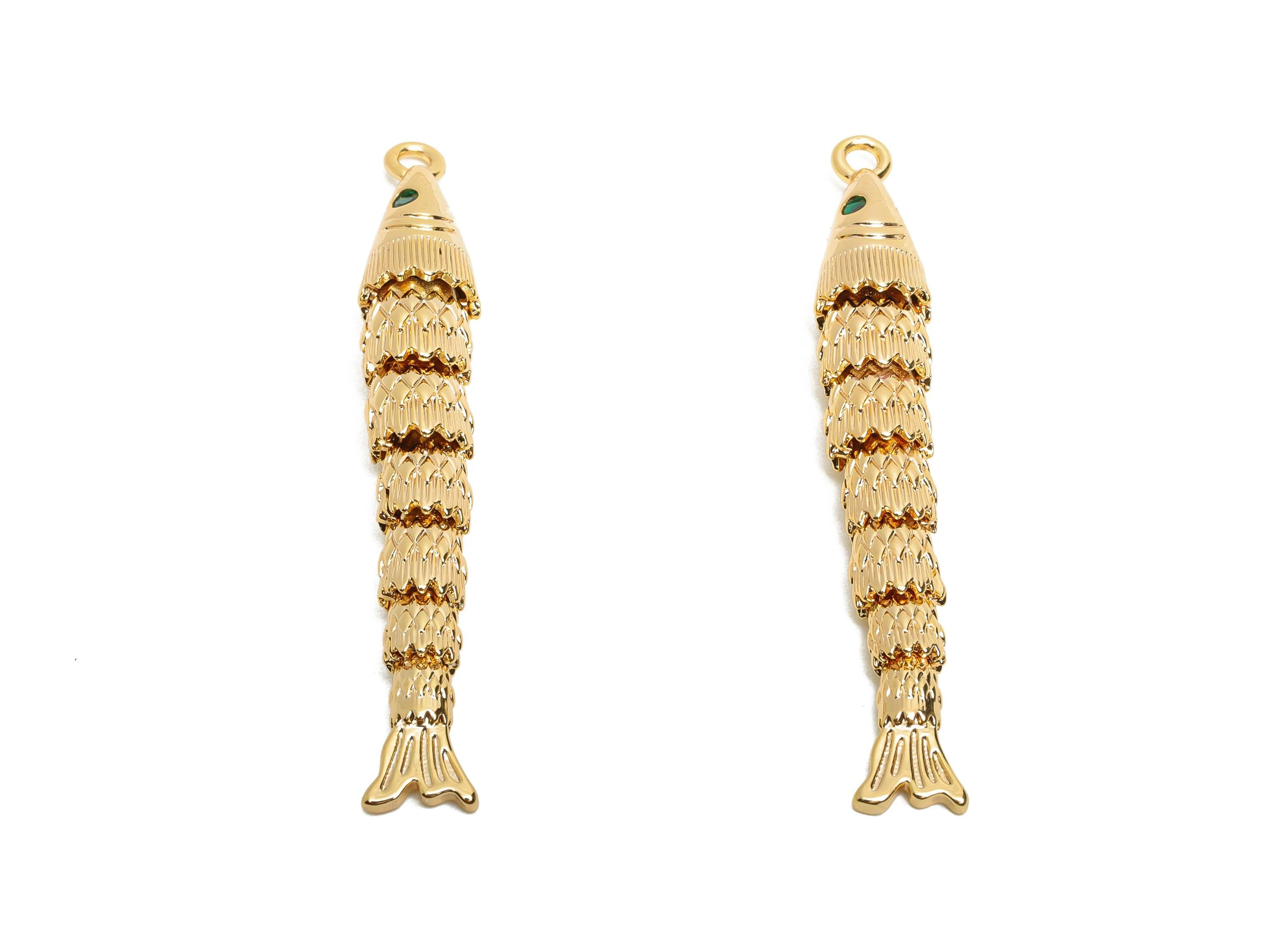 Movable 3D Articulated Fish Charm - Brass Textured CZ Articulated Flexible Marine Pendant - 18K Real Gold Plated - 43x6.6x5.7mm - RGP10530 - DOMEDBAZAAR