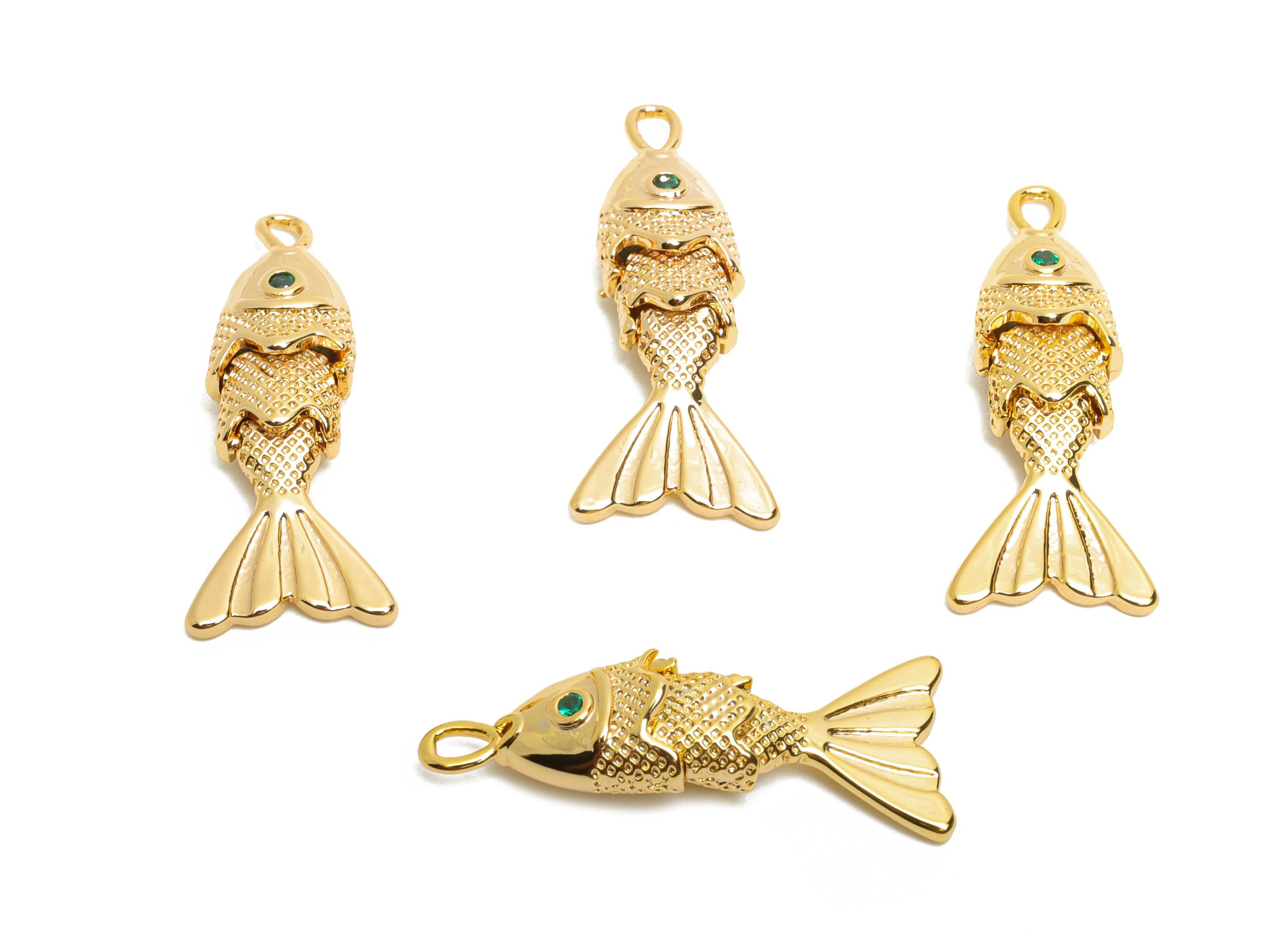 Gold Movable Fish Charms - Dainty Articulated Brass Fish Pendant - CZ Handmade Fish Jewelry - 18K Gold Plating - 22.47x9.3x4.9mm - RGP10515 - DOMEDBAZAAR