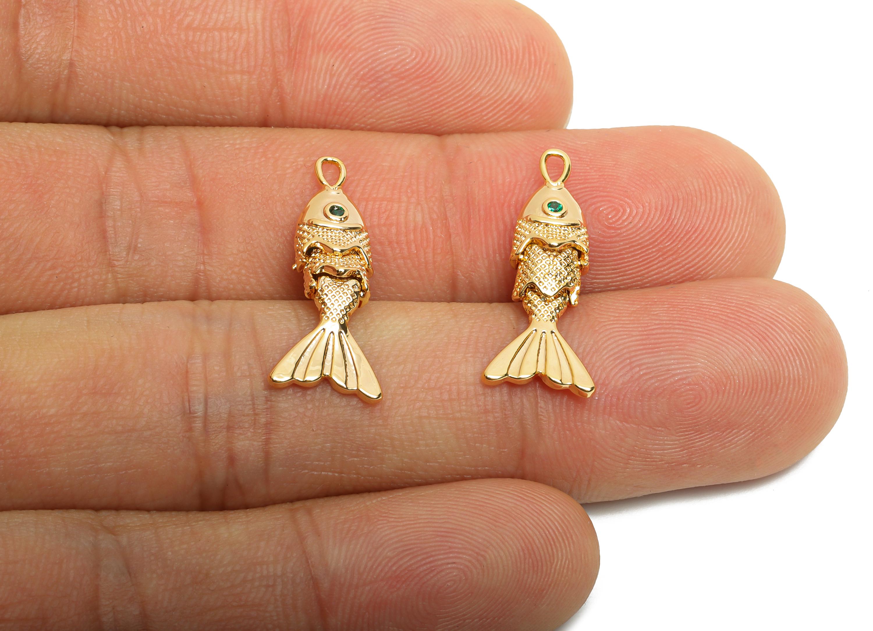 Gold Movable Fish Charms - Dainty Articulated Brass Fish Pendant - CZ Handmade Fish Jewelry - 18K Gold Plating - 22.47x9.3x4.9mm - RGP10515 - DOMEDBAZAAR