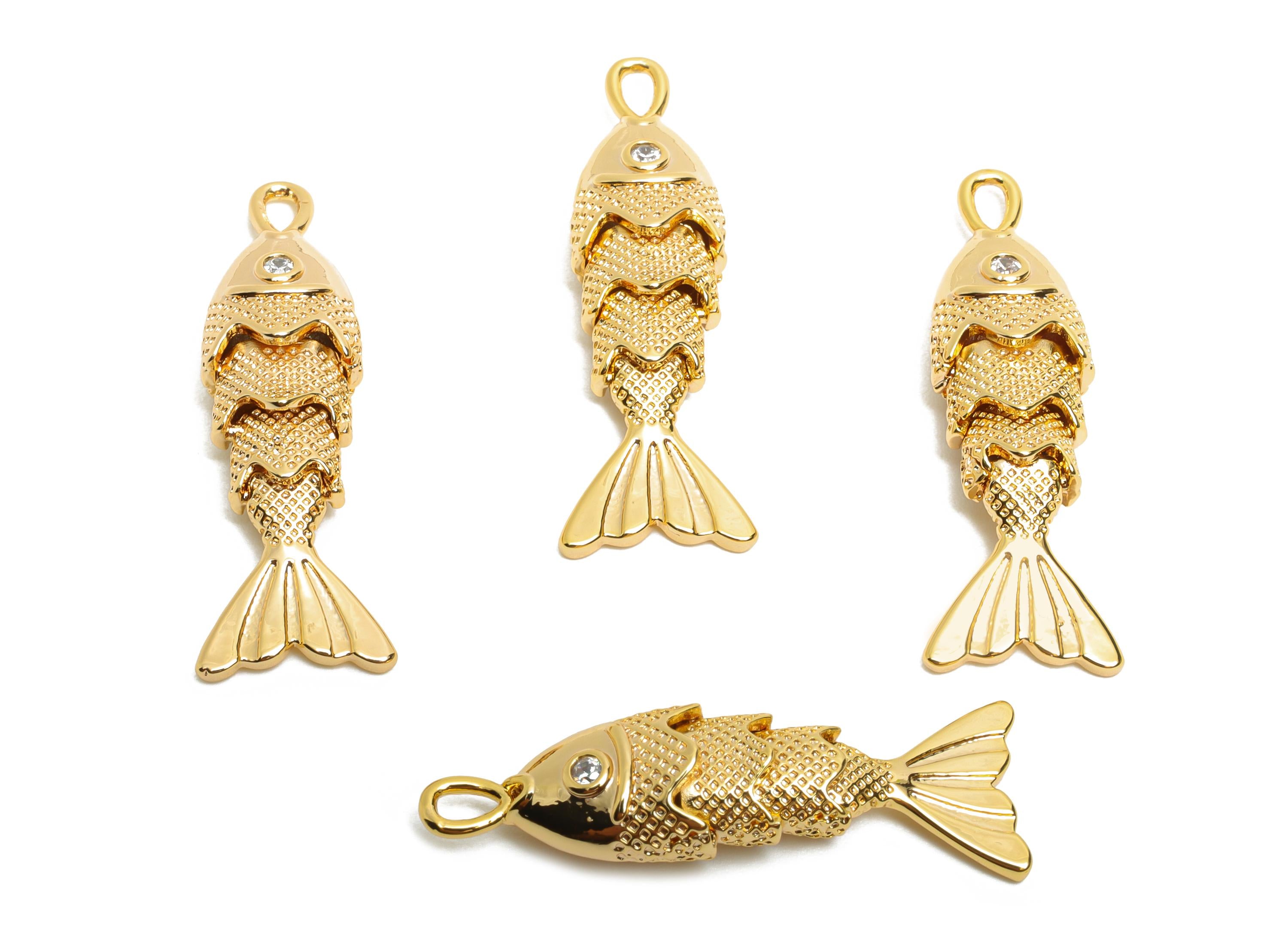 Movable 3D Articulated Fish Charms - Brass Textured Cubic Zircon Flexible Marine Pendant - 18K Real Gold Plated - 26.7x9.03x5mm - RGP10517 - DOMEDBAZAAR