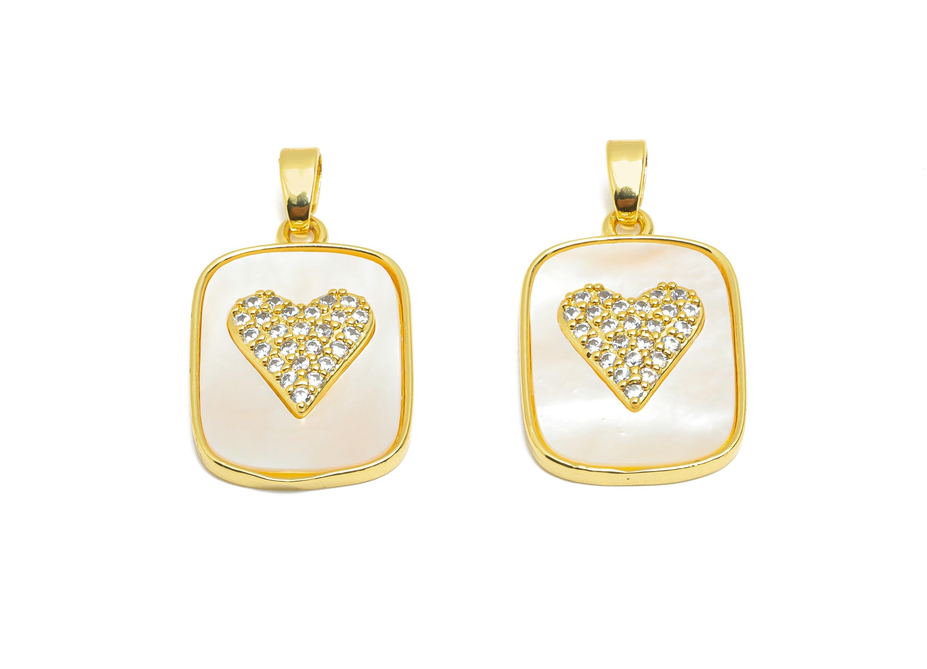 Rectangle Shell Pendant - Gold Textured CZ Heart Pendant - Romantic Necklace Jewelry - 18K Real Gold Plated - 21.13x14.77x3.24mm - RGP10664 - DOMEDBAZAAR