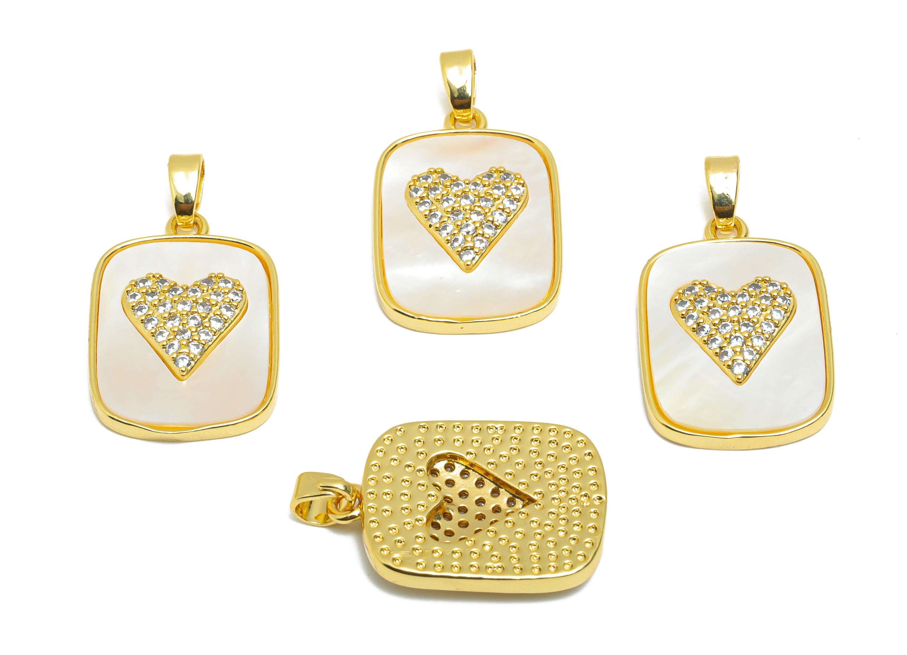 Rectangle Shell Pendant - Gold Textured CZ Heart Pendant - Romantic Necklace Jewelry - 18K Real Gold Plated - 21.13x14.77x3.24mm - RGP10664 - DOMEDBAZAAR