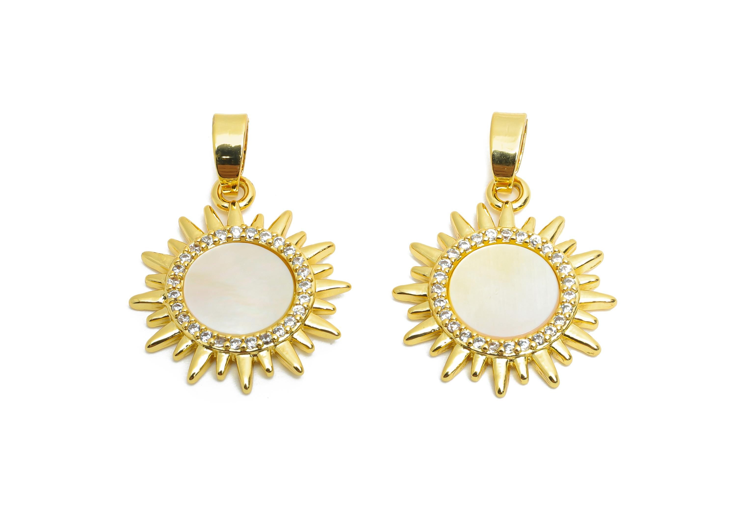 Shell Sunflower Pendant - Gold Textured CZ Sun Pendant - Minimalism Necklace Jewelry - 18K Real Gold Plated - 19.22x16.46x1.96mm - RGP10663 - DOMEDBAZAAR