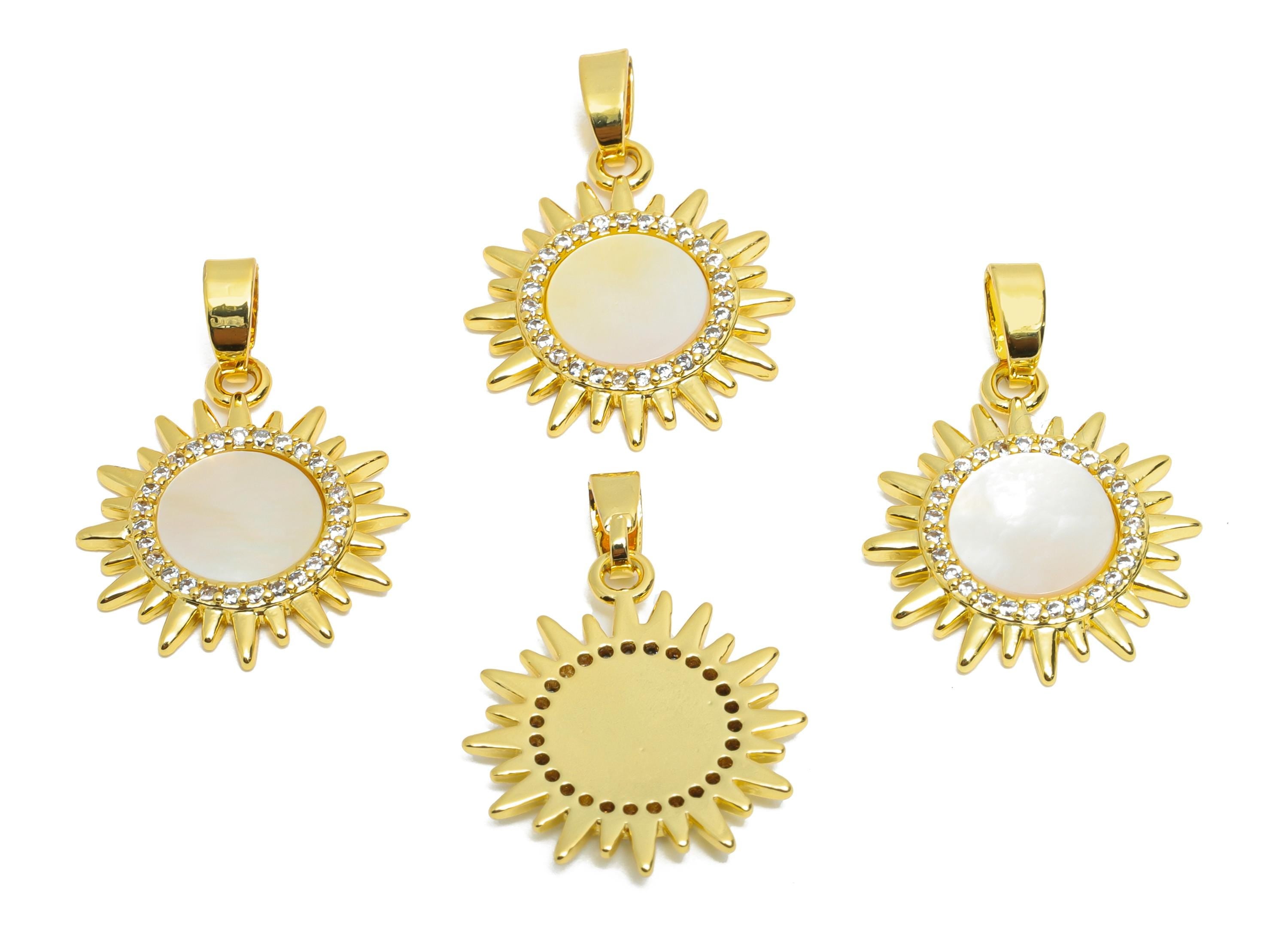 Shell Sunflower Pendant - Gold Textured CZ Sun Pendant - Minimalism Necklace Jewelry - 18K Real Gold Plated - 19.22x16.46x1.96mm - RGP10663 - DOMEDBAZAAR