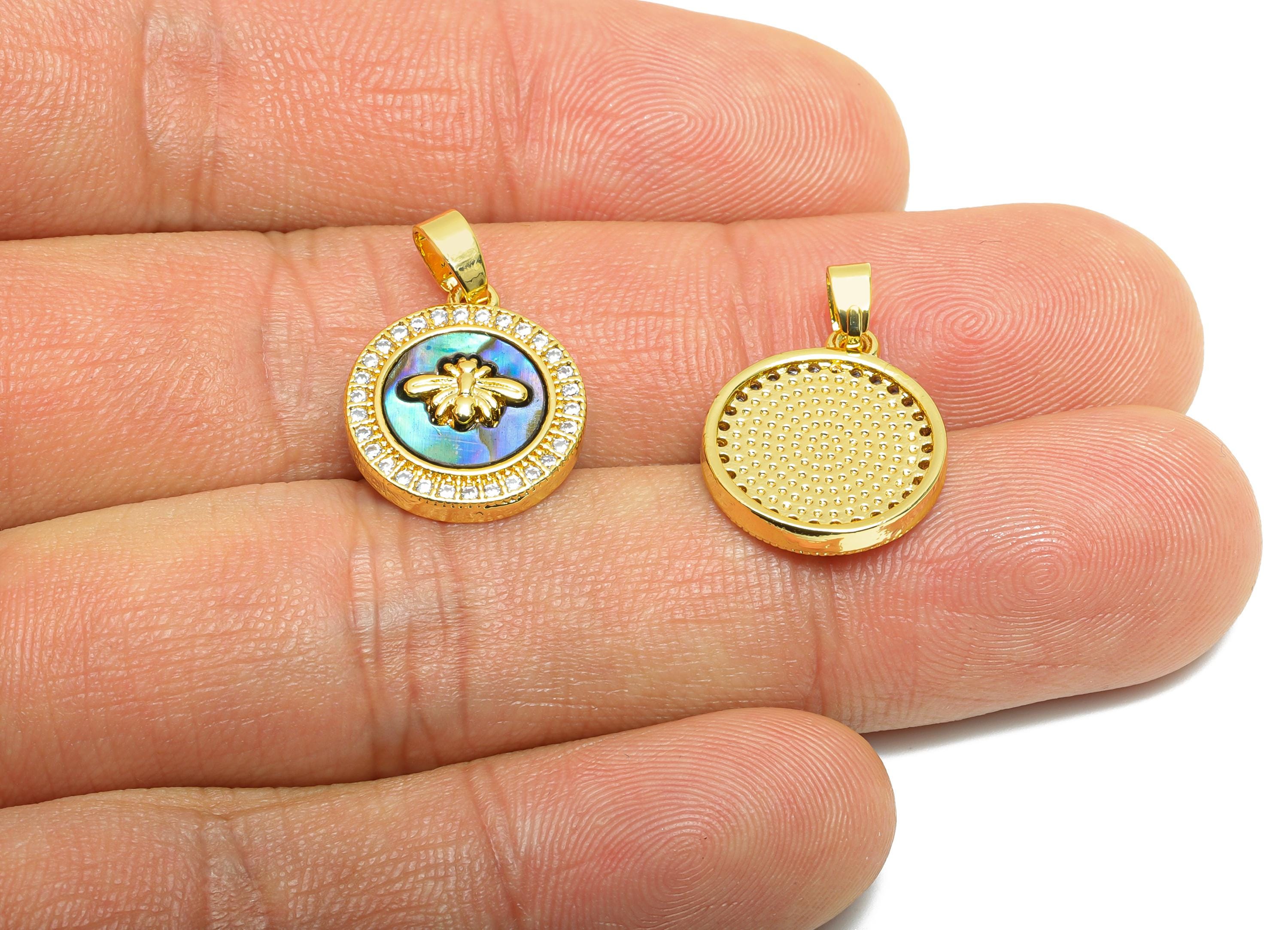 Shell Bee Pendant - Brass Zircon Abalone Shell Circle Pendant  - Dainty Gold Luxury Jewelry - 18K Real Gold Plated - 16x14x3.16mm - RGP10666 - DOMEDBAZAAR