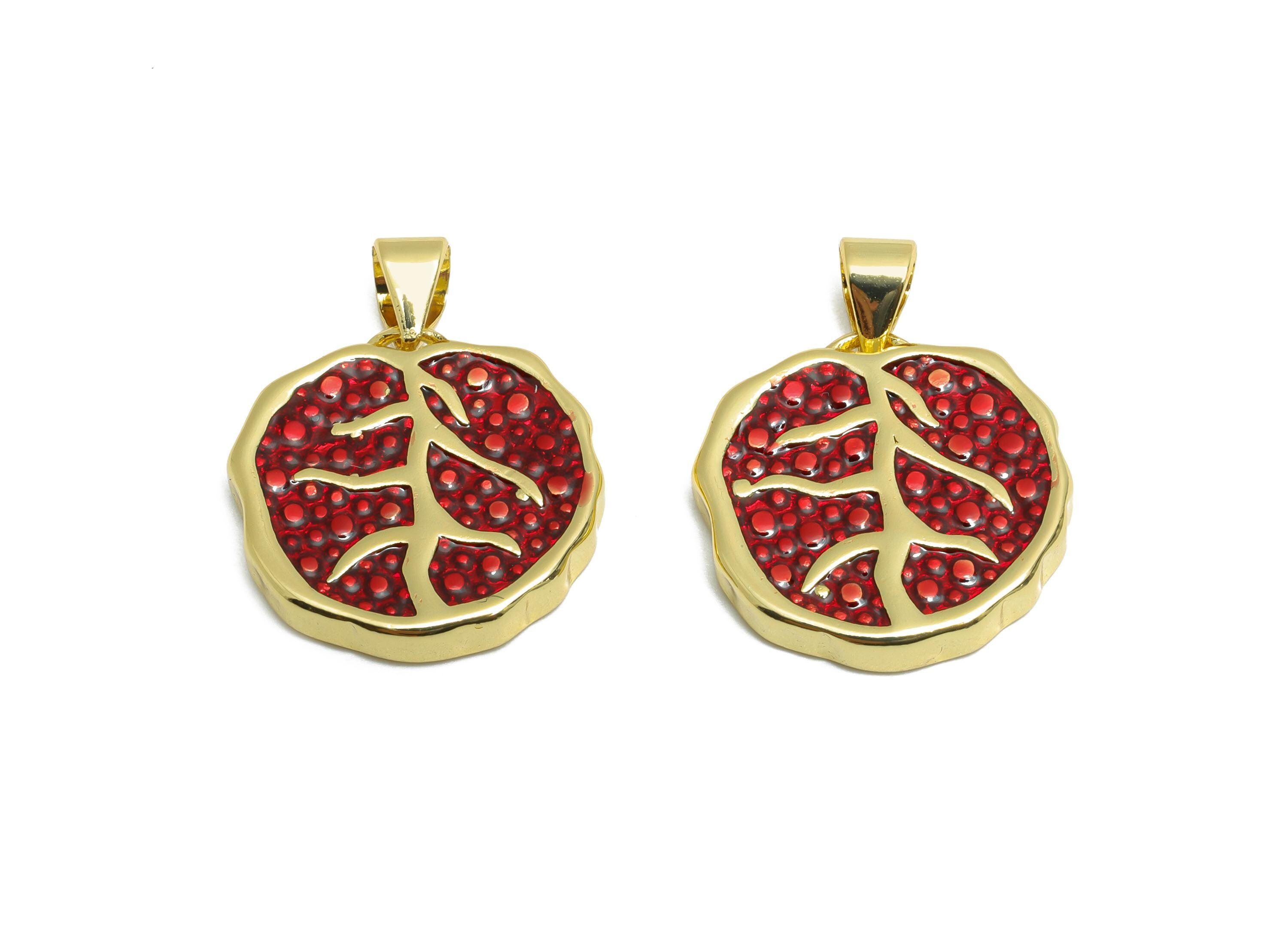 Brass Pomegranate Pendant - Gold Textured Fruit Pendant - Statement Necklace Jewelry - 18K Real Gold Plated - 20.24x17.1x3.28mm - RGP10558 - DOMEDBAZAAR