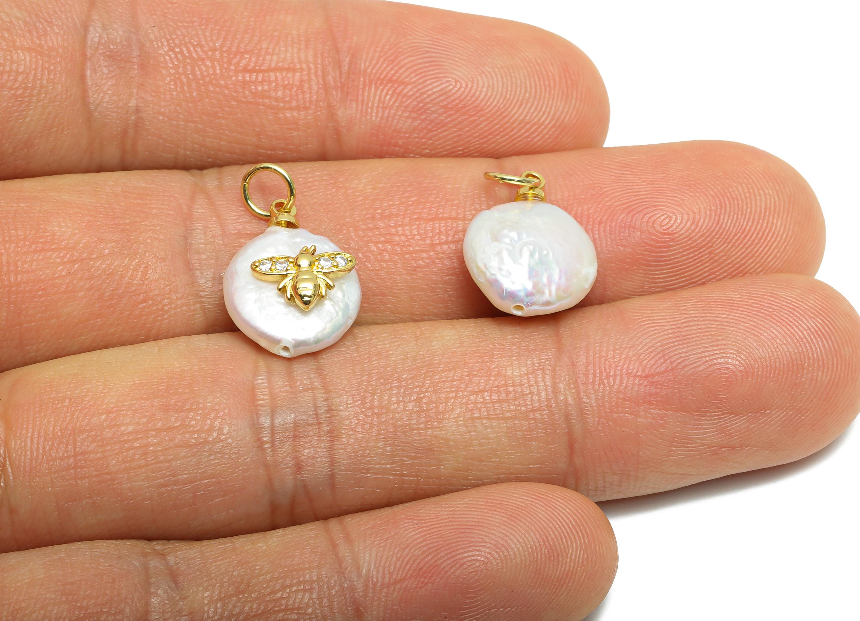 Pearl Bee Bracelet Charm - Brass Zircon Pearl Charm - Dainty Gold Minimalism Jewelry - 18K Real Gold Plated - 15.16x11.61x5.94mm - RGP10562 - DOMEDBAZAAR