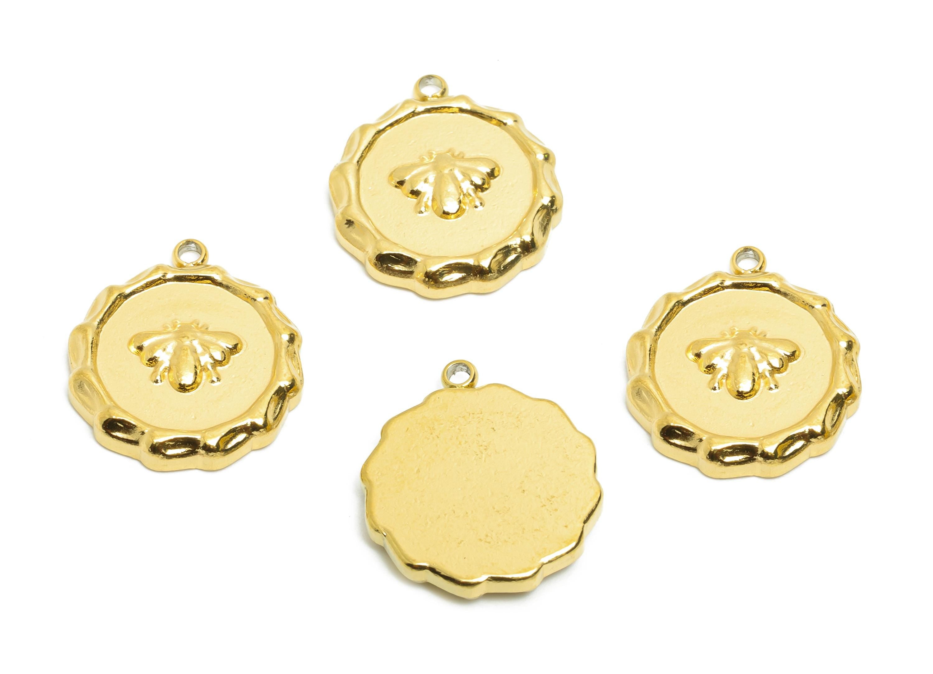 Stainless Steel Bee Charms - Textured Circle Insect Necklace Pendant - 316L Stainless Steel - Steel Findings - 17.48x15.04x3.04mm - SS1645 - DOMEDBAZAAR