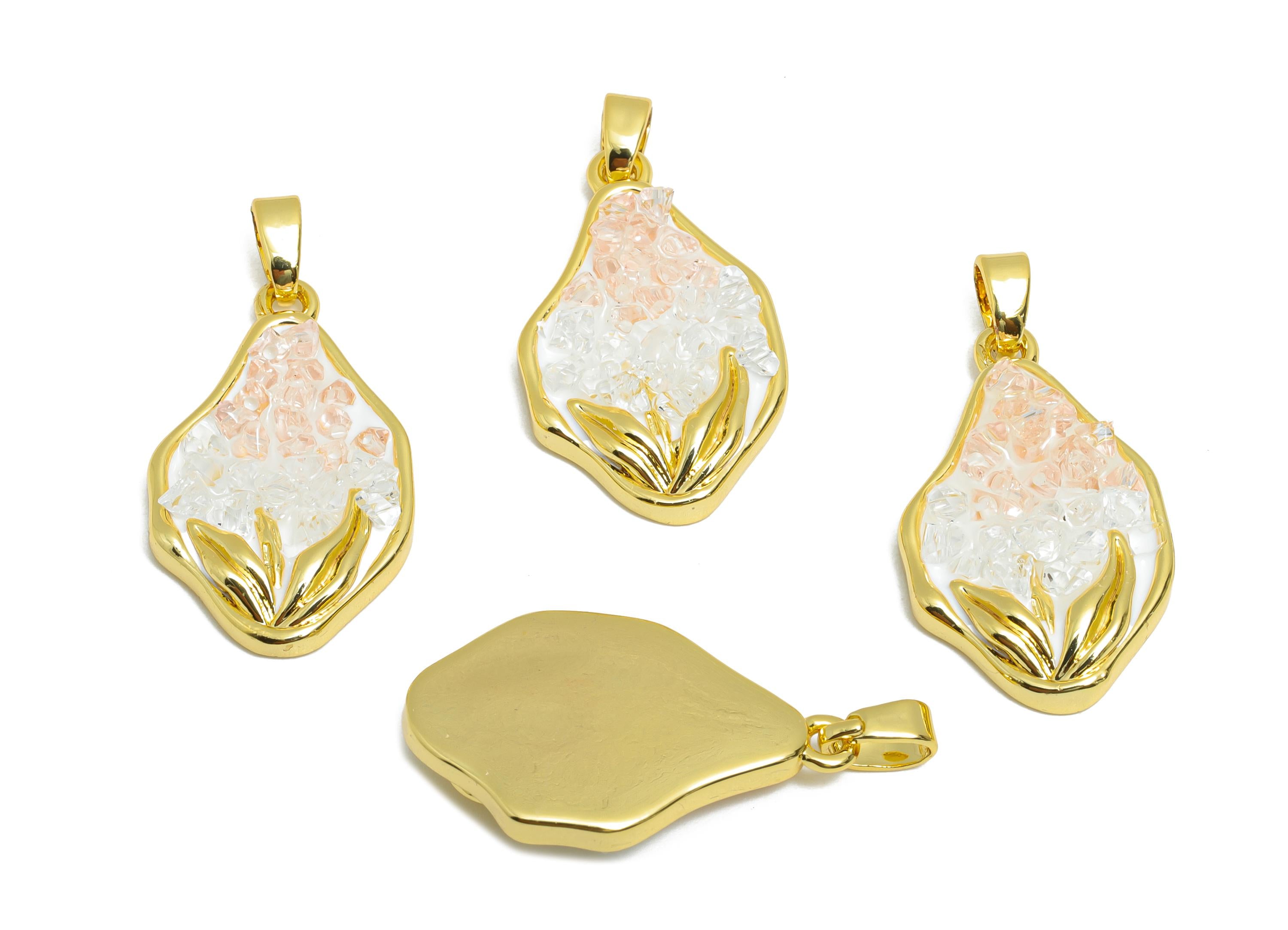 Brass Abstract Floral Pendant - Sparking Gold Crystals Pendant - Rose Quartz Enamel Jewelry - 18K Real Gold Plated - 23x14x4mm - RGP10656 - DOMEDBAZAAR