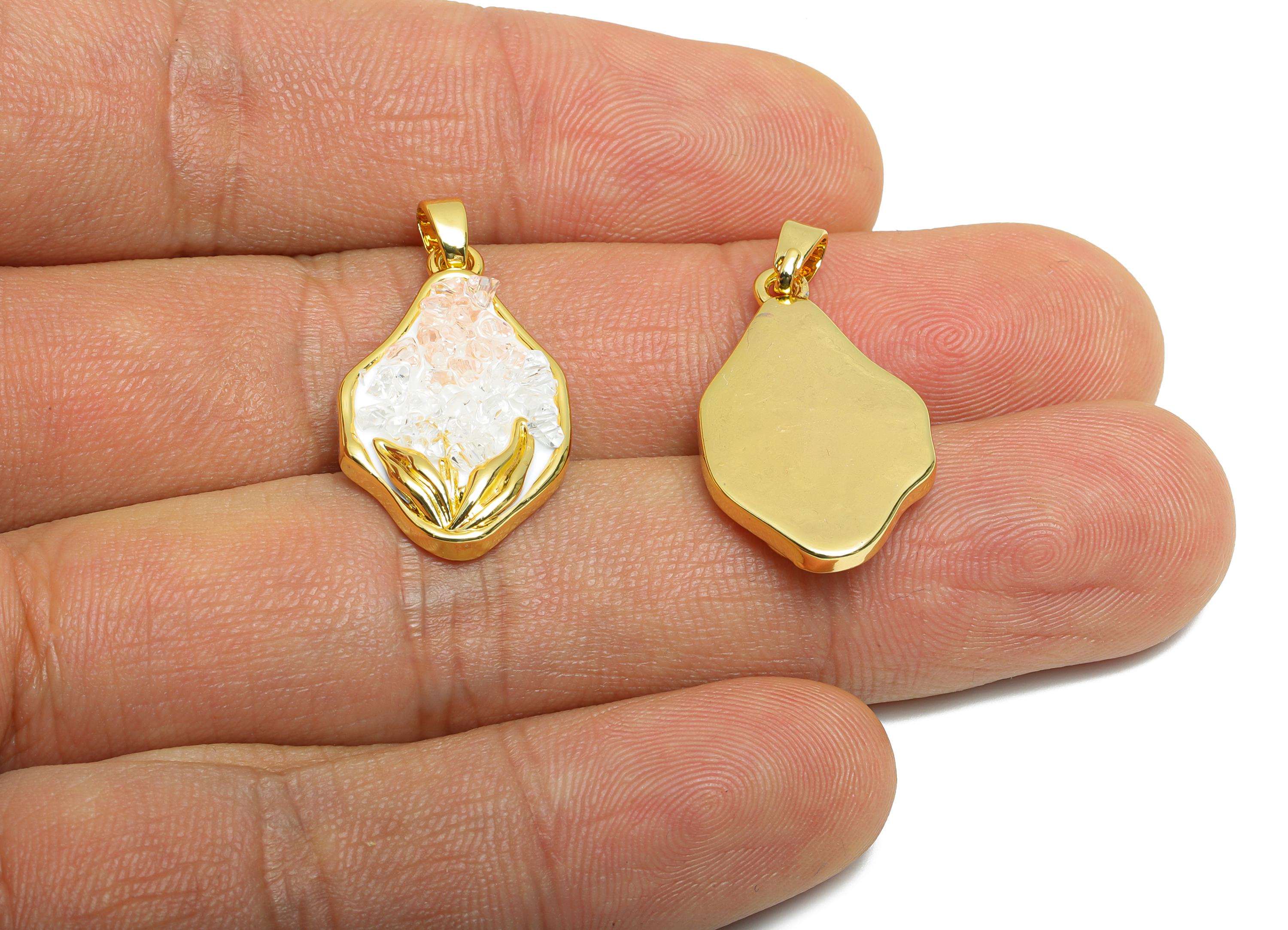 Brass Abstract Floral Pendant - Sparking Gold Crystals Pendant - Rose Quartz Enamel Jewelry - 18K Real Gold Plated - 23x14x4mm - RGP10656 - DOMEDBAZAAR