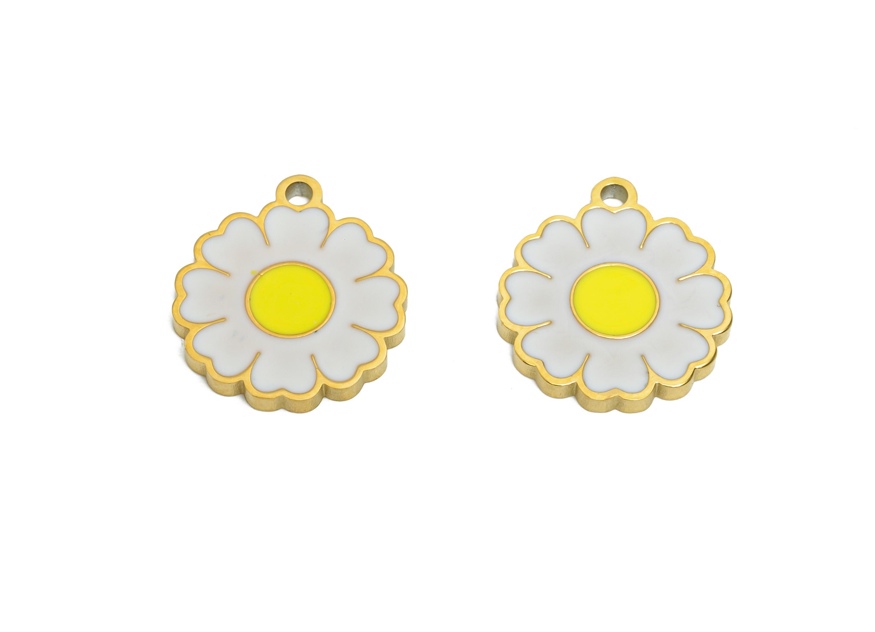 Stainless Steel Daisy Charm - Enamel Flower Botanical Bracelet Charm - 316L Stainless Steel - Minimalist Jewelry - 13.8x12.2x1.35mm - SS1619 - DOMEDBAZAAR
