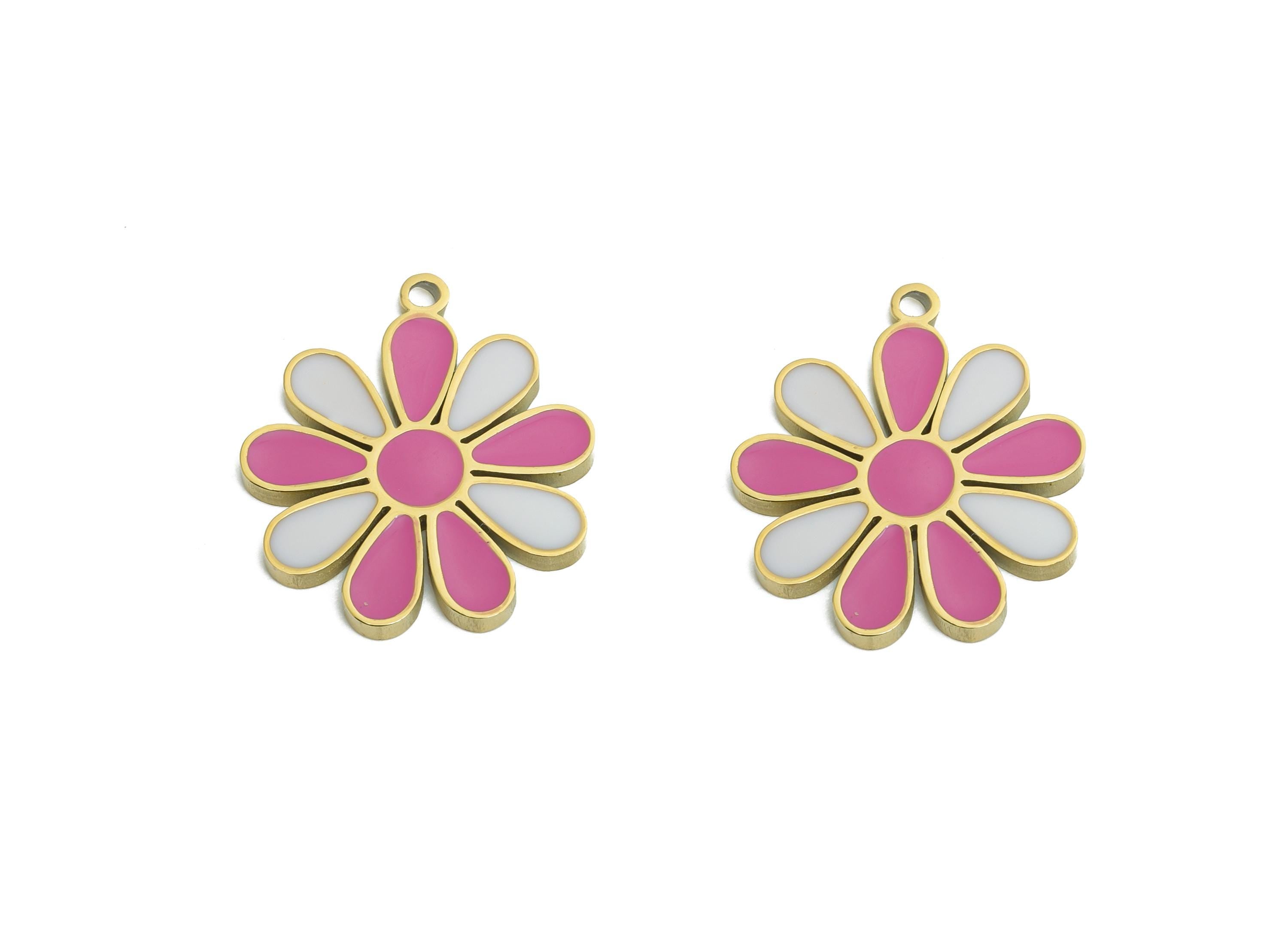 Stainless Steel Daisy Charm - Enamel Flower Botanical Charm for Bracelet - Minimalist Flower Pendant - Steel Jewelry - 16x14x1mm - SS1668 - DOMEDBAZAAR