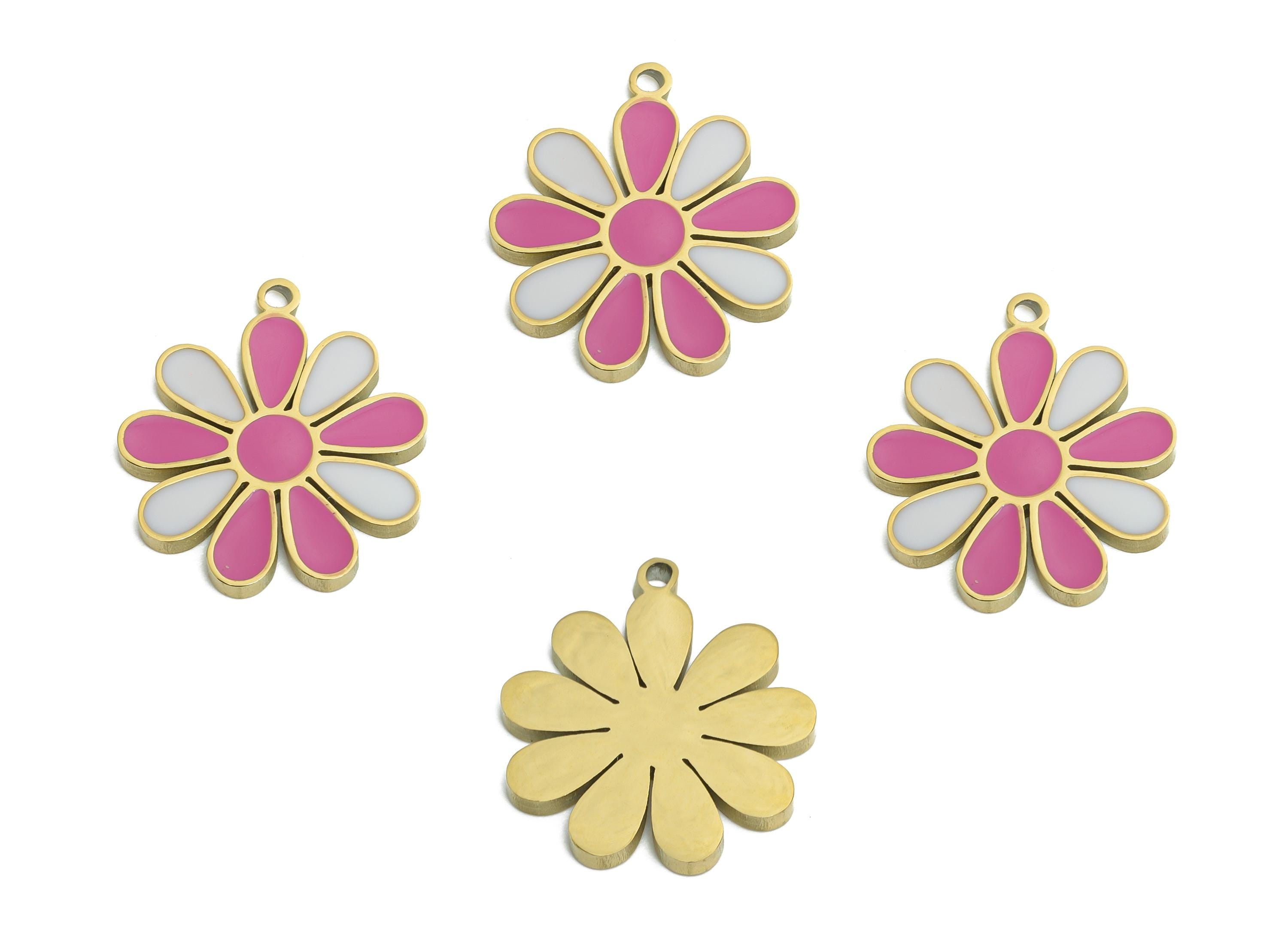 Stainless Steel Daisy Charm - Enamel Flower Botanical Charm for Bracelet - Minimalist Flower Pendant - Steel Jewelry - 16x14x1mm - SS1668 - DOMEDBAZAAR