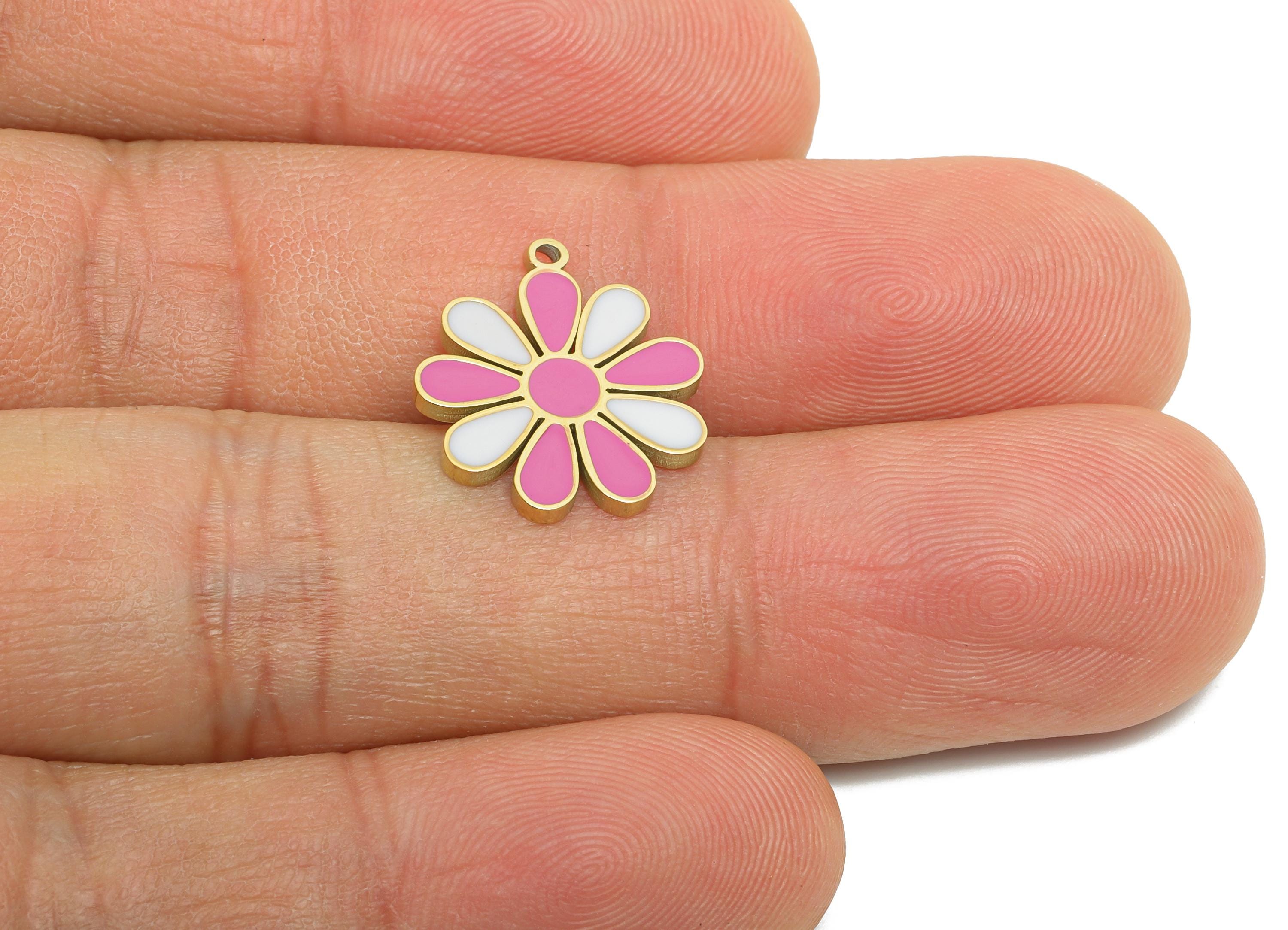 Stainless Steel Daisy Charm - Enamel Flower Botanical Charm for Bracelet - Minimalist Flower Pendant - Steel Jewelry - 16x14x1mm - SS1668 - DOMEDBAZAAR