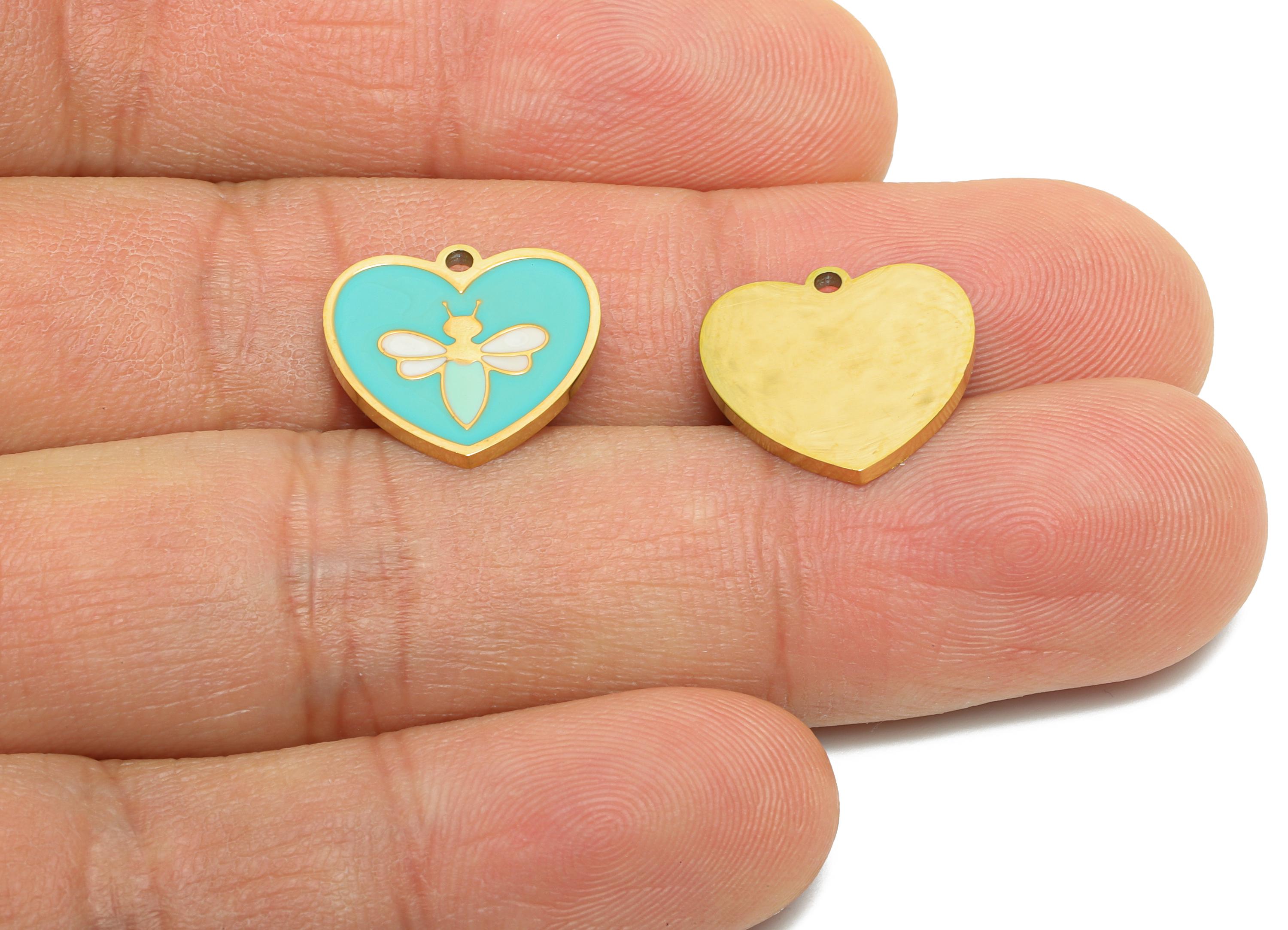 Stainless Steel Heart Charms - Dainty Enamel Heart Bee Pendant - Modern Bee Motif Pendant - Whimsical Jewelry - 14x15x1.35mm - SS1669 - DOMEDBAZAAR