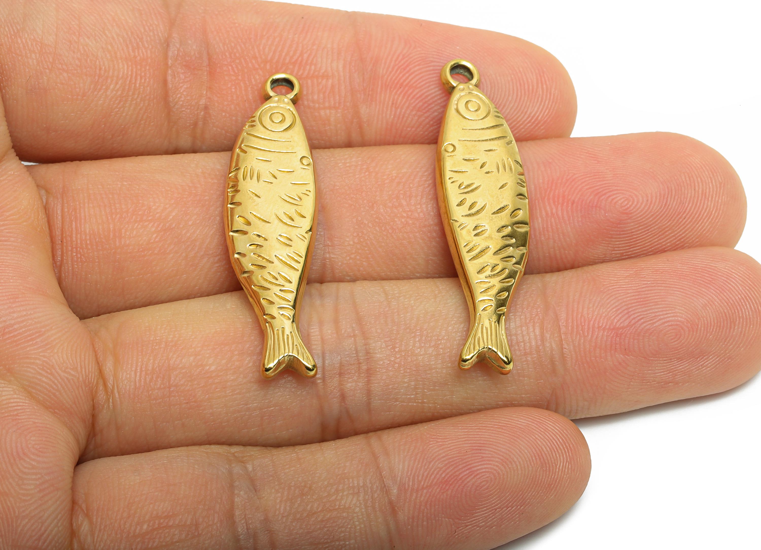 Stainless Steel Fish Charms - Textured Marine Fish Pendant - 316L Stainless Steel - Minimalist Steel Finding - 40.57x10.37x3.63mm - SS1609 - DOMEDBAZAAR