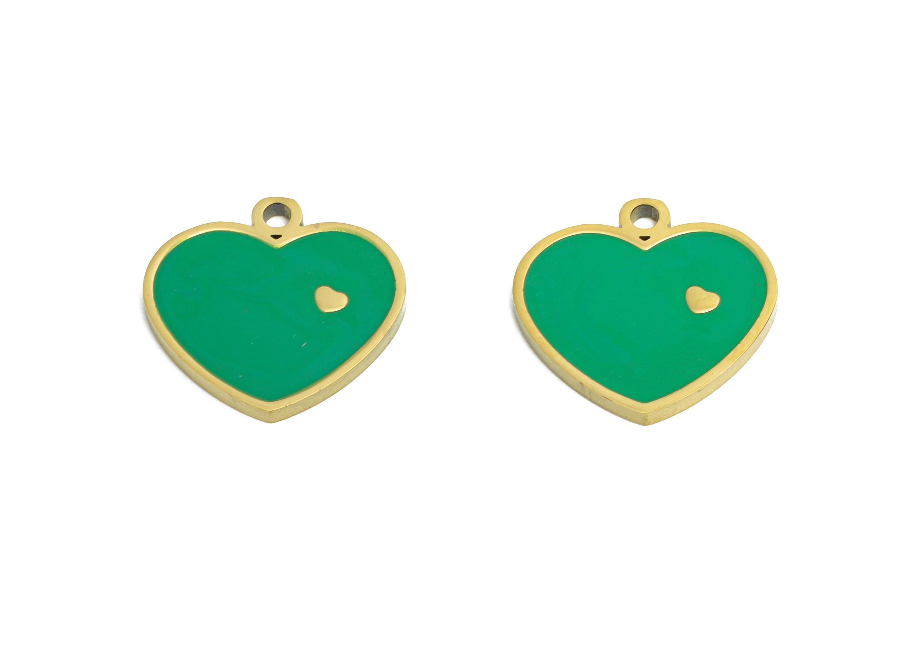 Stainless Steel Heart Charm - Enamel Green Heart Charm for Bracelet - Minimalist Colorful Pendant - Steel Jewelry - 11x12x1.25mm - SS1631 - DOMEDBAZAAR
