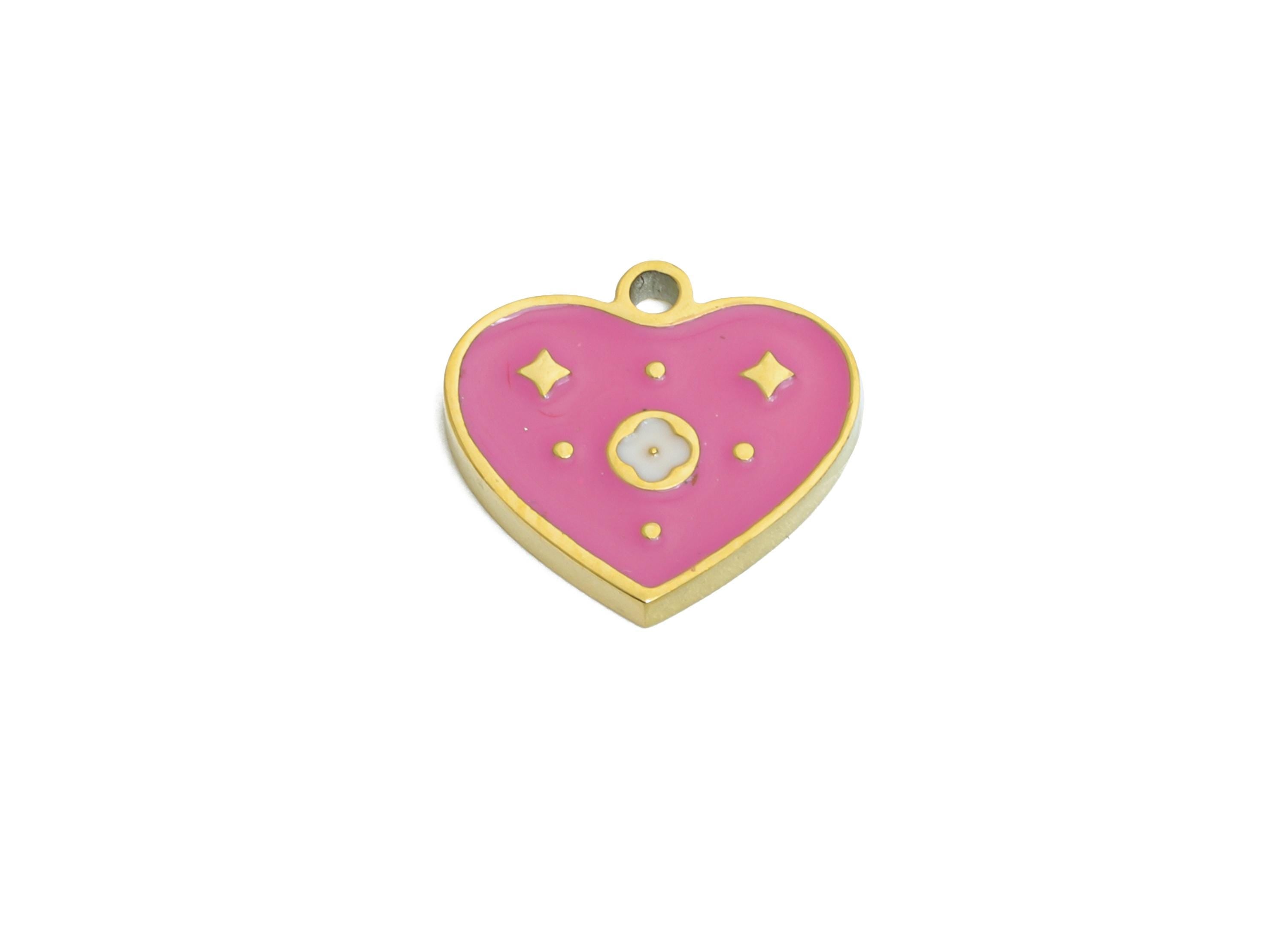 Stainless Steel Heart Charm - Enamel Pink Star Heart Charm for Bracelet - Minimalist Colorful Pendant - Steel Jewelry - 9.8x10x1mm - SS1638 - DOMEDBAZAAR