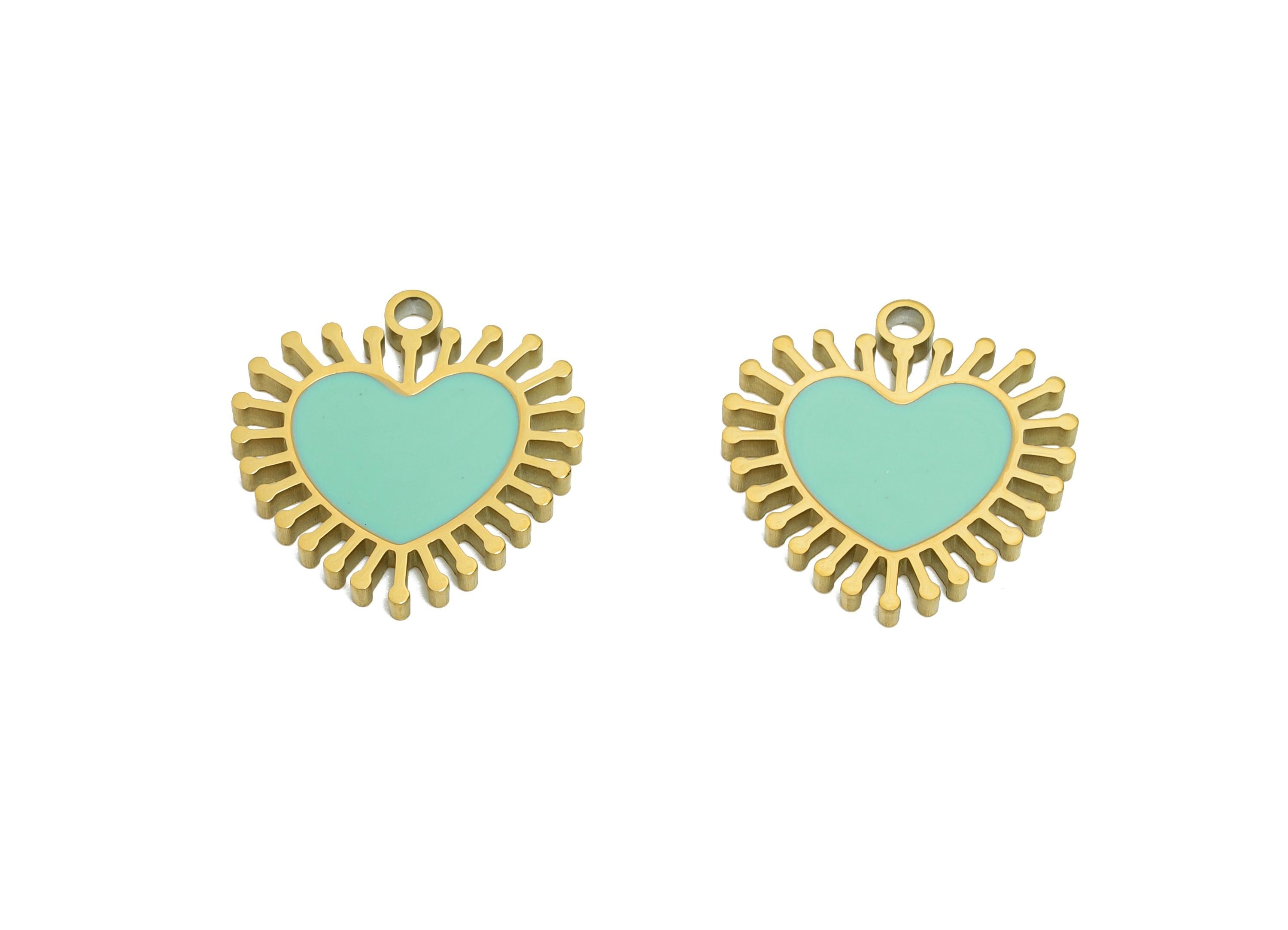 Stainless Steel Heart Charm - Enamel Sunburst Heart Charm for Bracelet - Minimalist Colorful Pendant - Steel Jewelry - 14x14x1.4mm - SS1618 - DOMEDBAZAAR