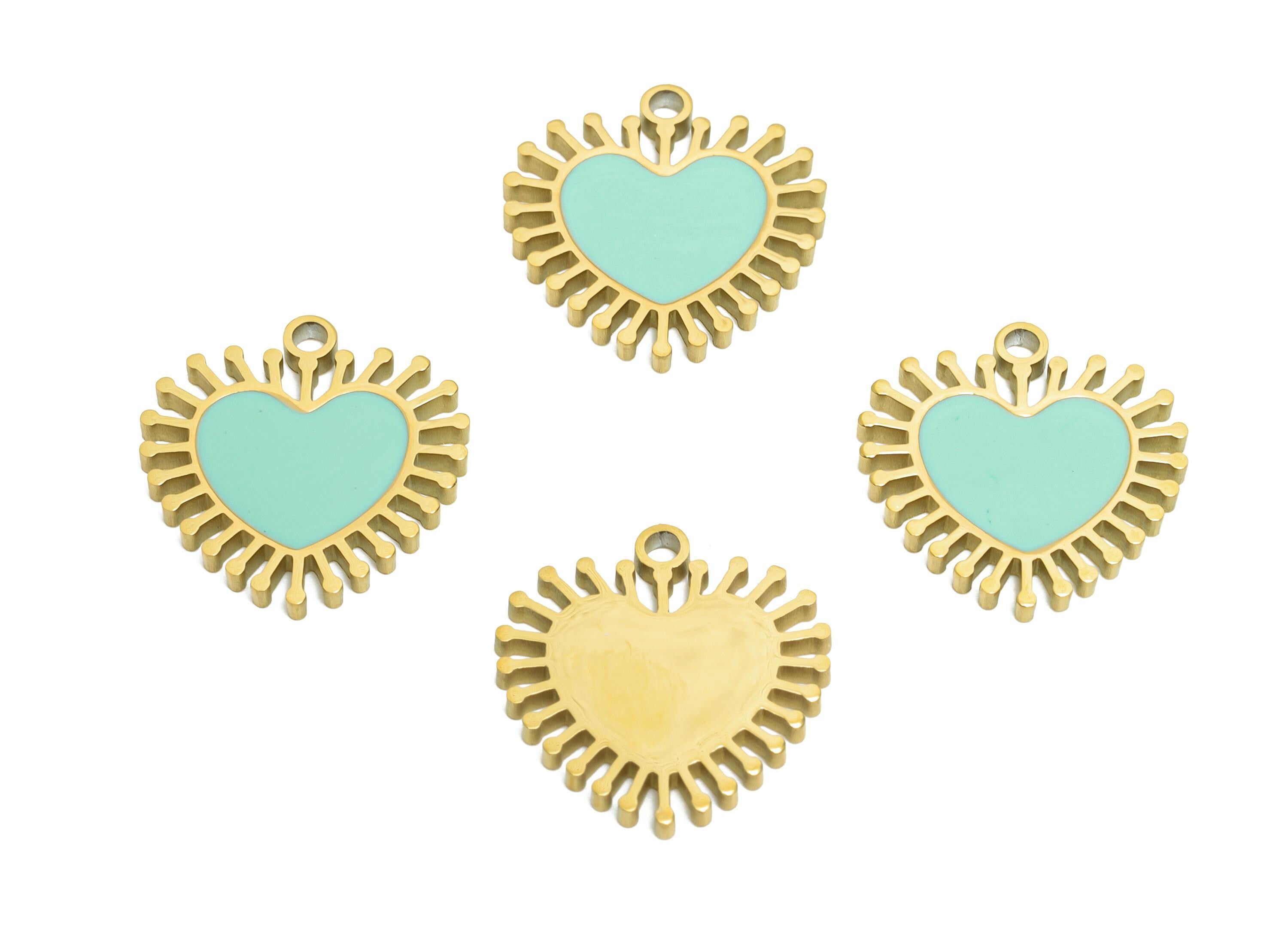Stainless Steel Heart Charm - Enamel Sunburst Heart Charm for Bracelet - Minimalist Colorful Pendant - Steel Jewelry - 14x14x1.4mm - SS1618 - DOMEDBAZAAR