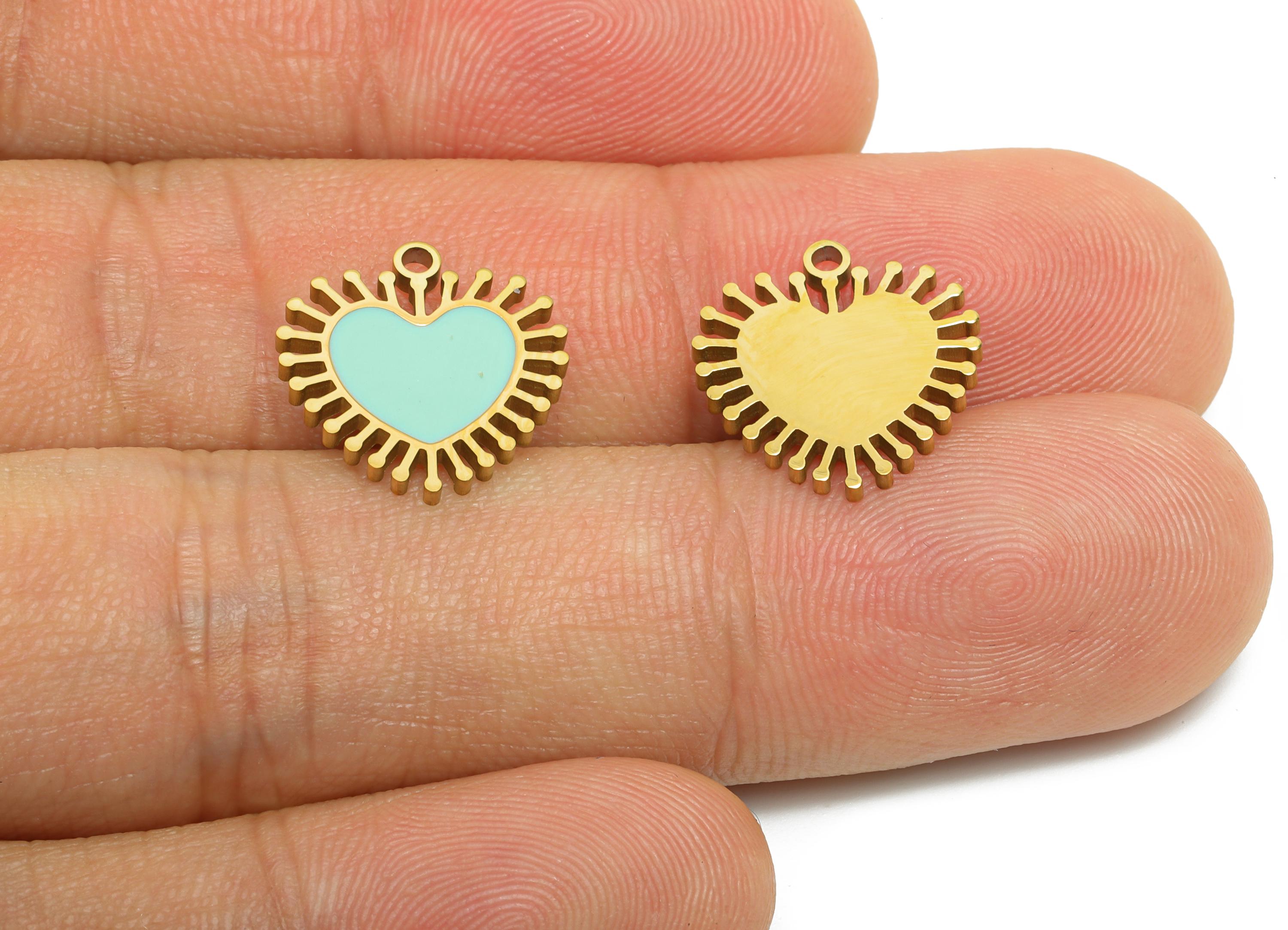 Stainless Steel Heart Charm - Enamel Sunburst Heart Charm for Bracelet - Minimalist Colorful Pendant - Steel Jewelry - 14x14x1.4mm - SS1618 - DOMEDBAZAAR
