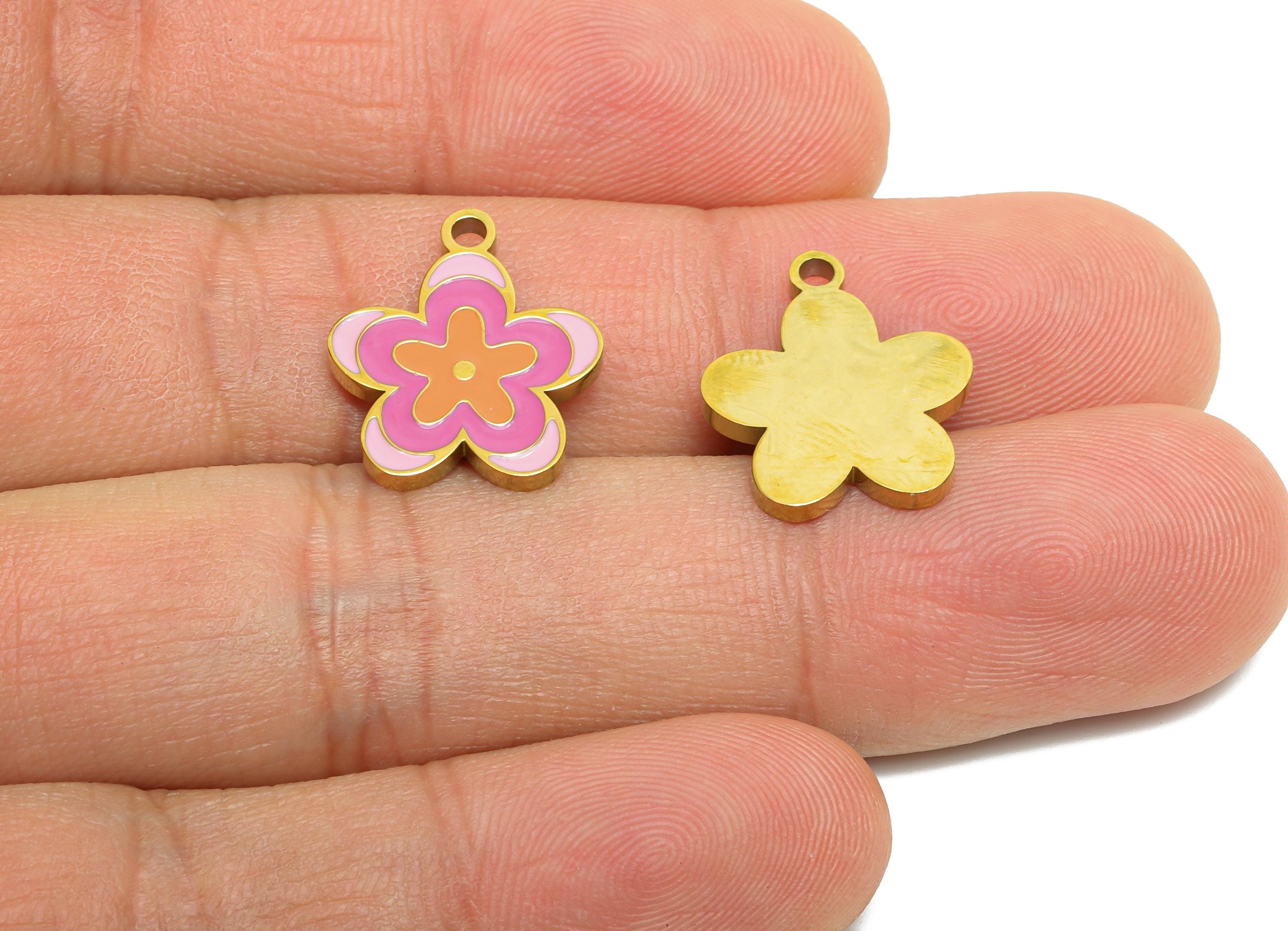 Stainless Steel Flower Charm - Colorful Enamel Botanical Charm for Bracelet - 316L Stainless Steel - Vibrant Jewelry - 17x14.8x1.6mm -SS1665 - DOMEDBAZAAR