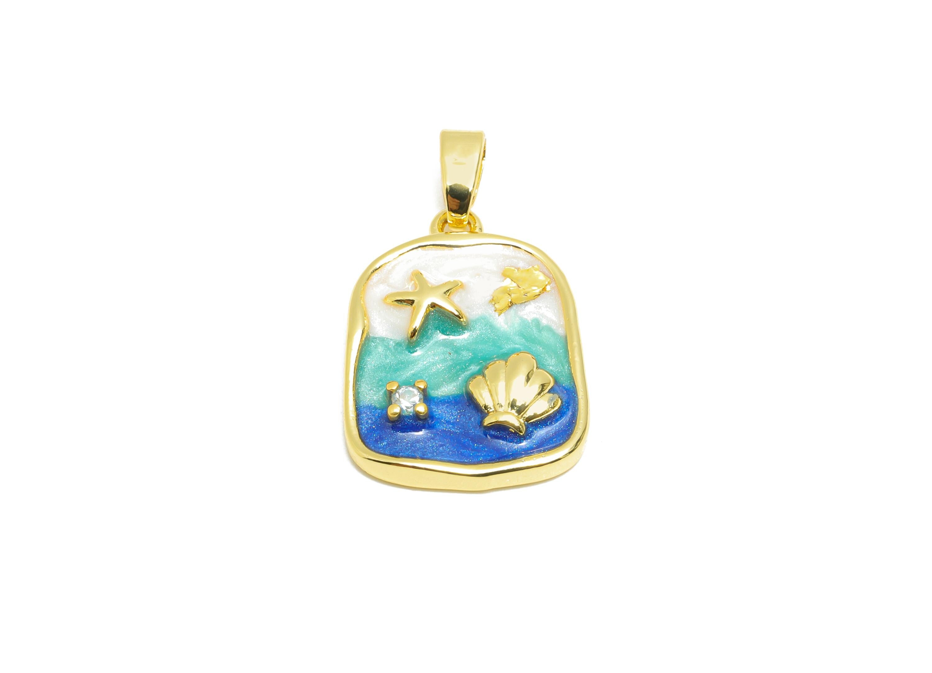 Gold Marine Pendant - Brass Dainty Enamel Cubic Zircon - Rectangle Ocean Earring Pendant - 18K Real Gold Plated - 20x14x3.67mm - RGP10648 - DOMEDBAZAAR