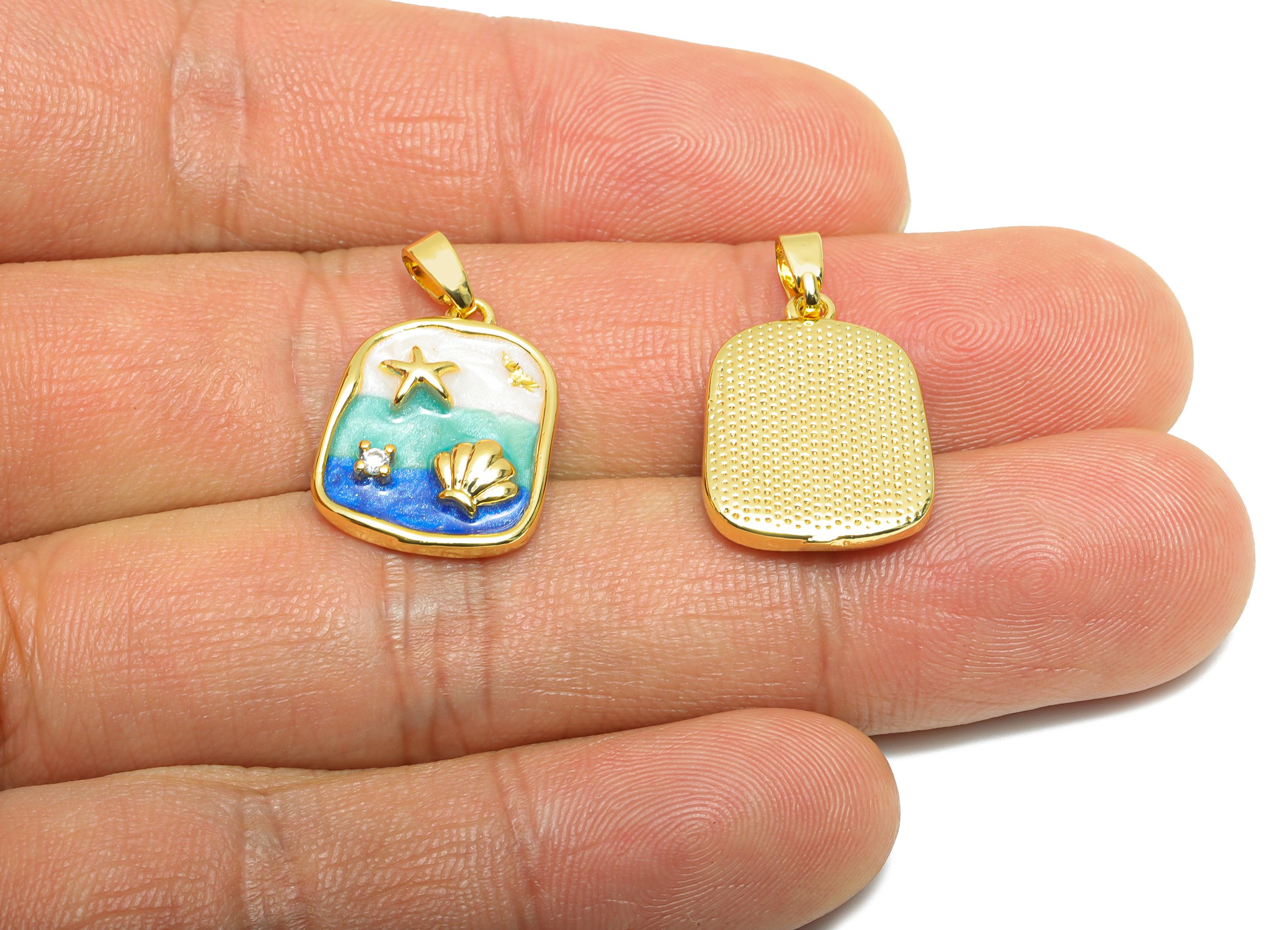 Gold Marine Pendant - Brass Dainty Enamel Cubic Zircon - Rectangle Ocean Earring Pendant - 18K Real Gold Plated - 20x14x3.67mm - RGP10648 - DOMEDBAZAAR