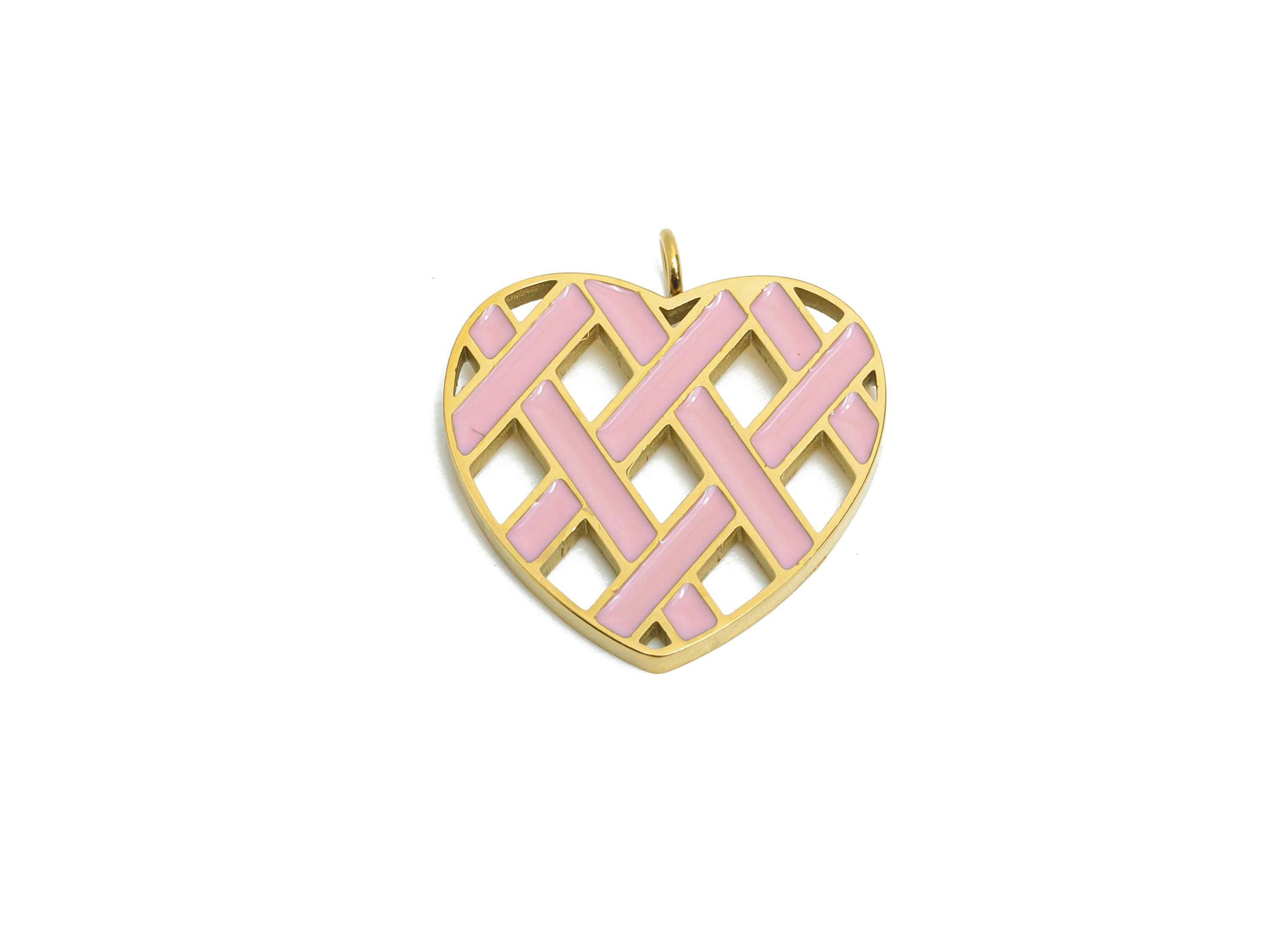 Stainless Steel Heart Charms - Enamel Heart Lattice Pendant - Modern Heart Pendant - Minimalist Pink Heart Charm - 17x15x1mm - SS1667 - DOMEDBAZAAR