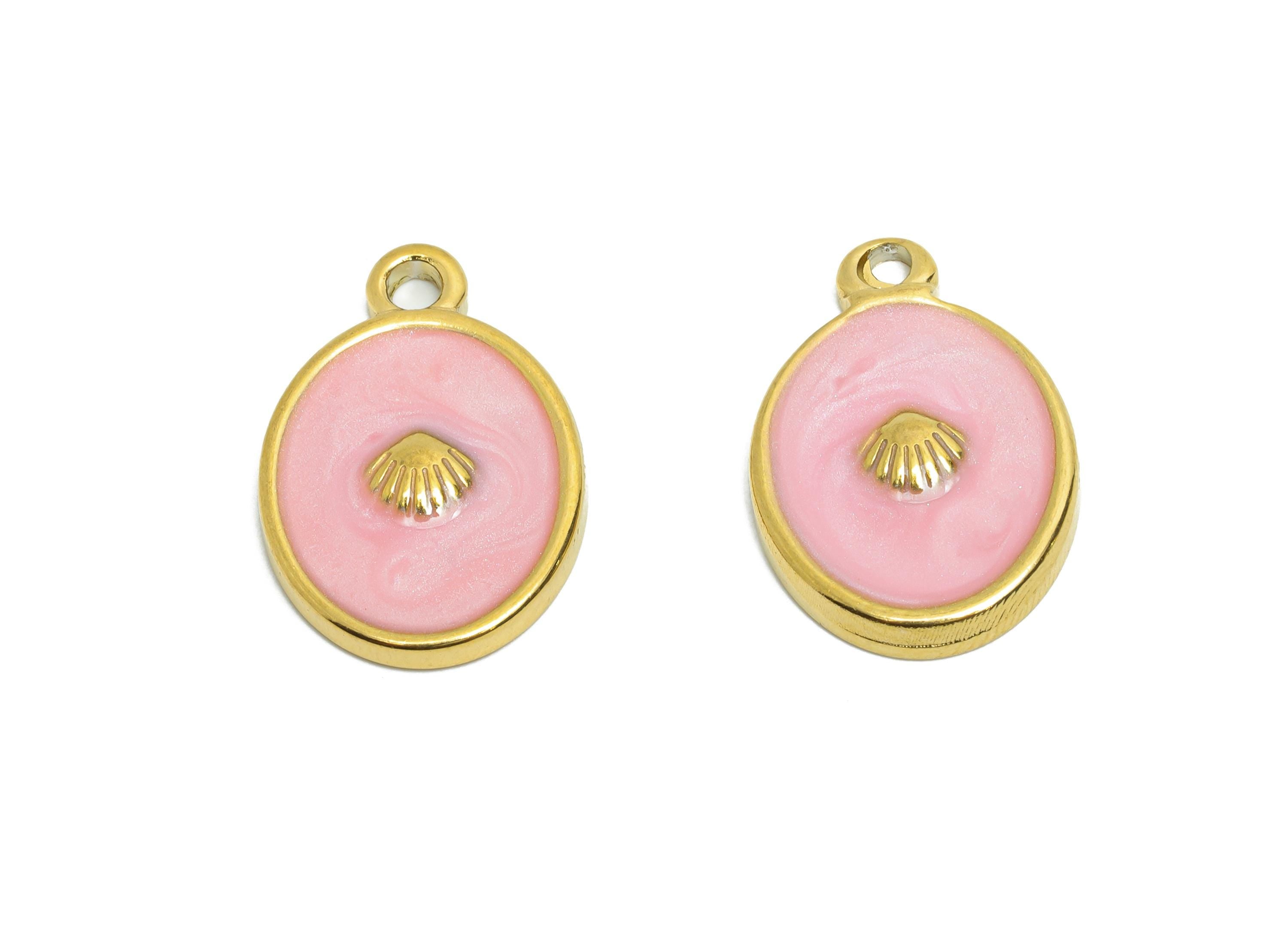 Stainless Steel Oval Charm - Elegant Pink Enamel Shell Pendant - 316L Stainless Steel - Elegant Steel Jewelry - 19.84x13.65x2.76mm - SS1662 - DOMEDBAZAAR