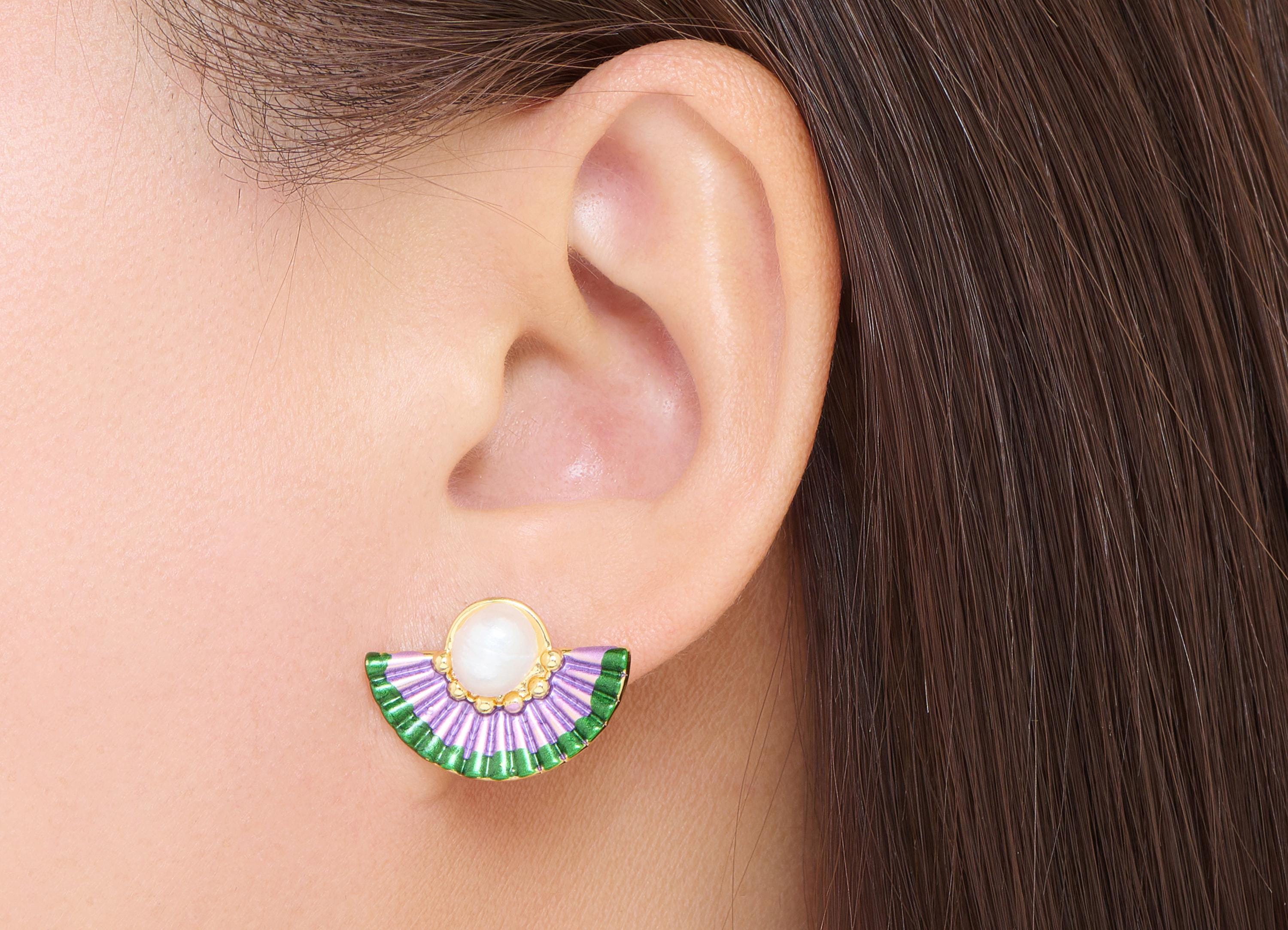 Brass Fan Earring Post - Enamel Bold Color Earring Stud - Colorful Earring Stud With Pearl - 18K Real Gold-Plated - 22x15x7.15mm - RGP10620 - DOMEDBAZAAR