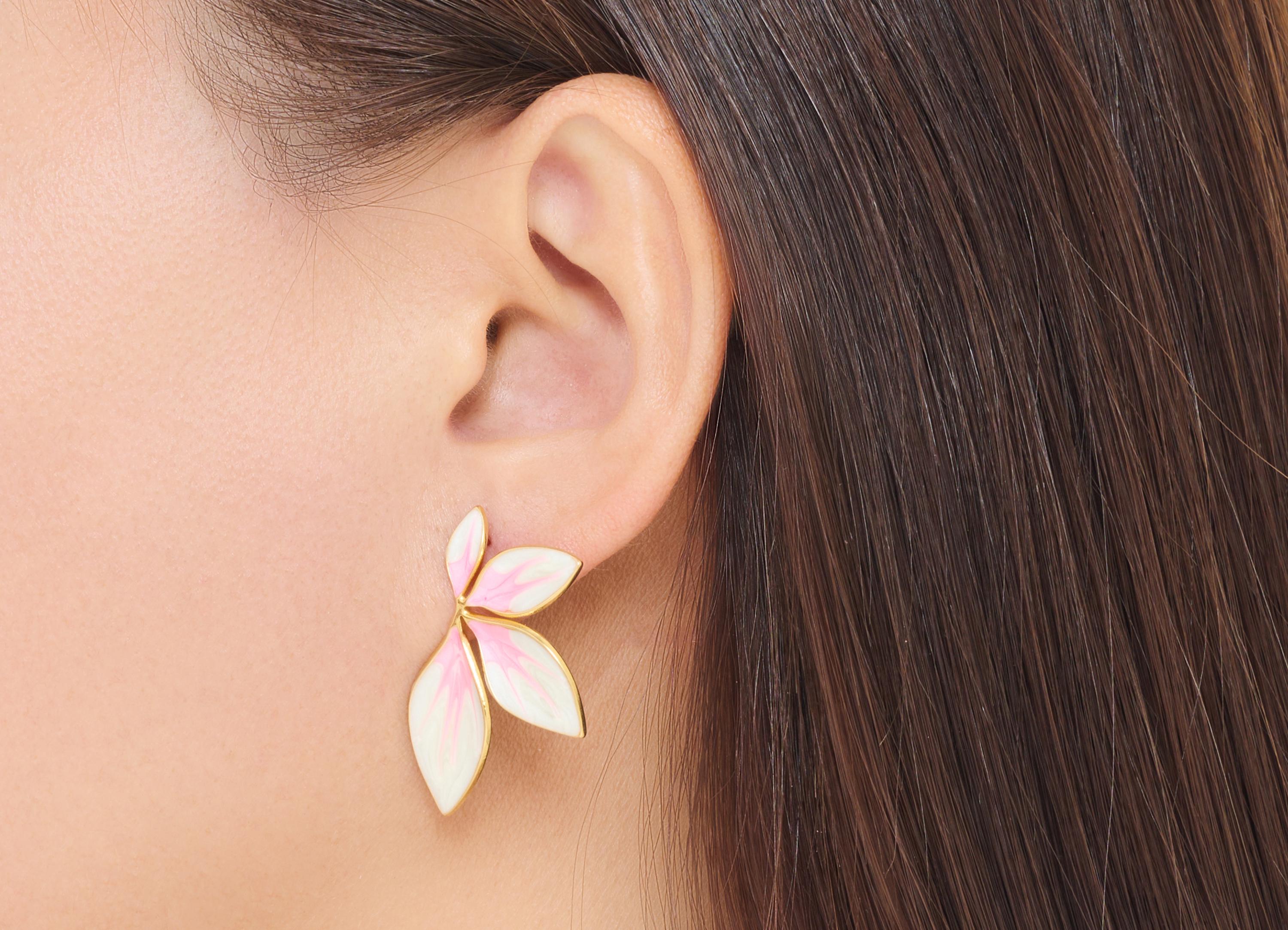 Stainless Steel Floral Stud - Gold Enamel Flower Earring Post - Modern Steel Earring Stud - Gold Vacuum Plated - 34.41x20.85x1.9mm - SS2235 - DOMEDBAZAAR