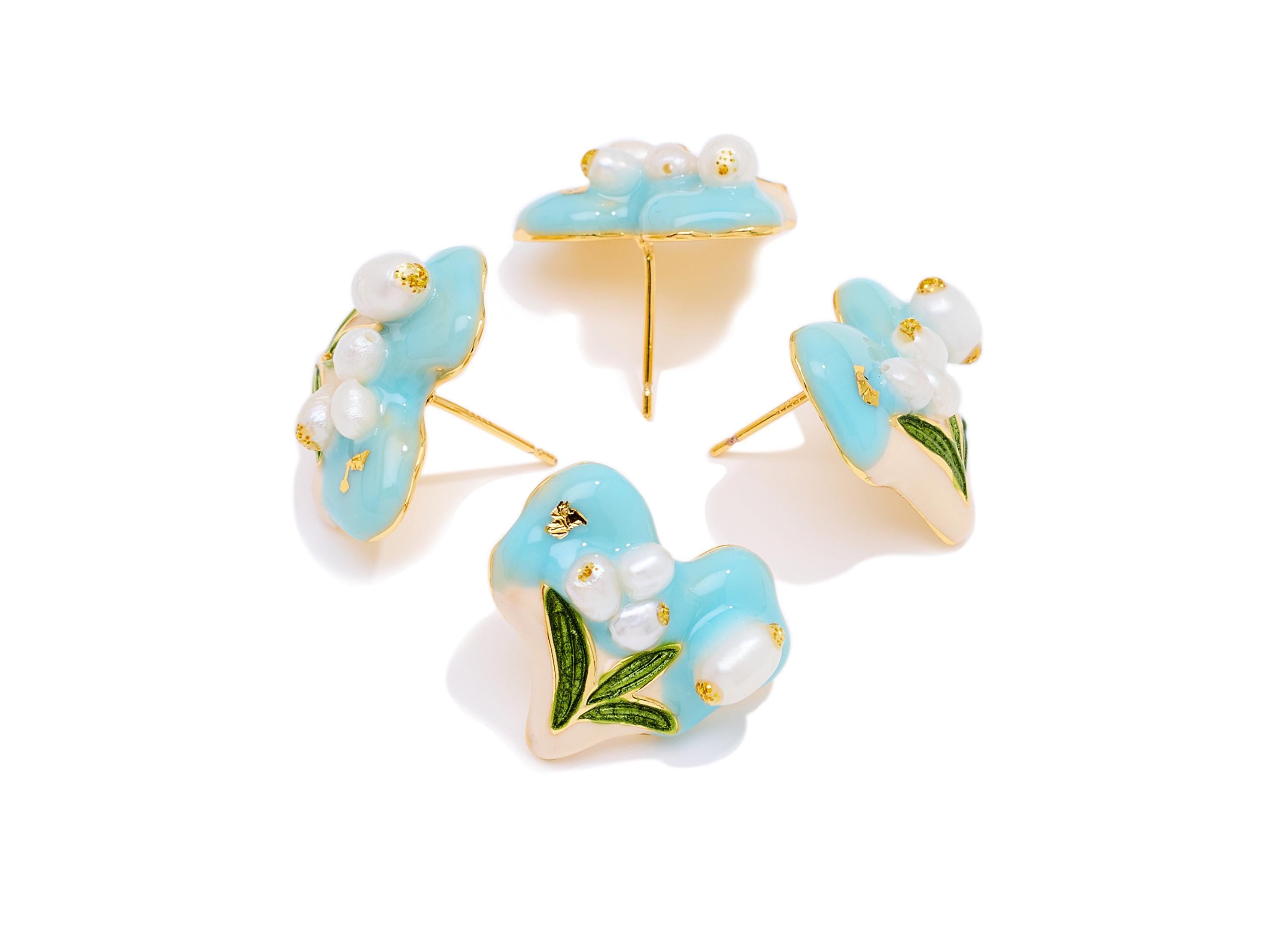 Brass Heart Floral Earring Post - Enamel Bold Color Earring Stud - Colorful Pearl Earring Stud - 18K Real Gold-Plated - 20x18x7mm - RGP10618 - DOMEDBAZAAR