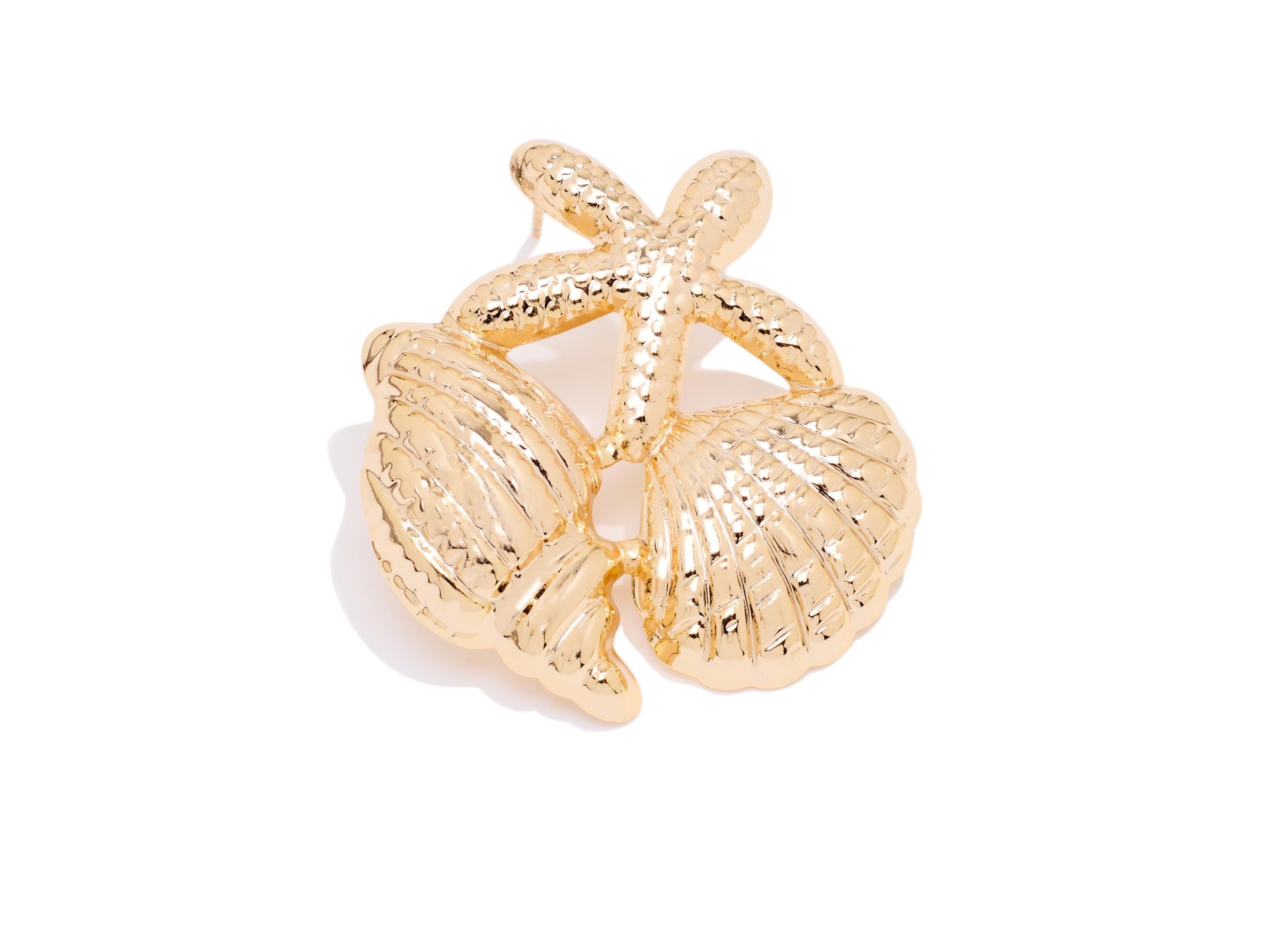Brass Conch Starfish Post - Textured Shell Marine Earring Stud - Refined Gold Marine Jewelry - 18K Real Gold Plated - 40x36x5mm - RGP10420 - DOMEDBAZAAR