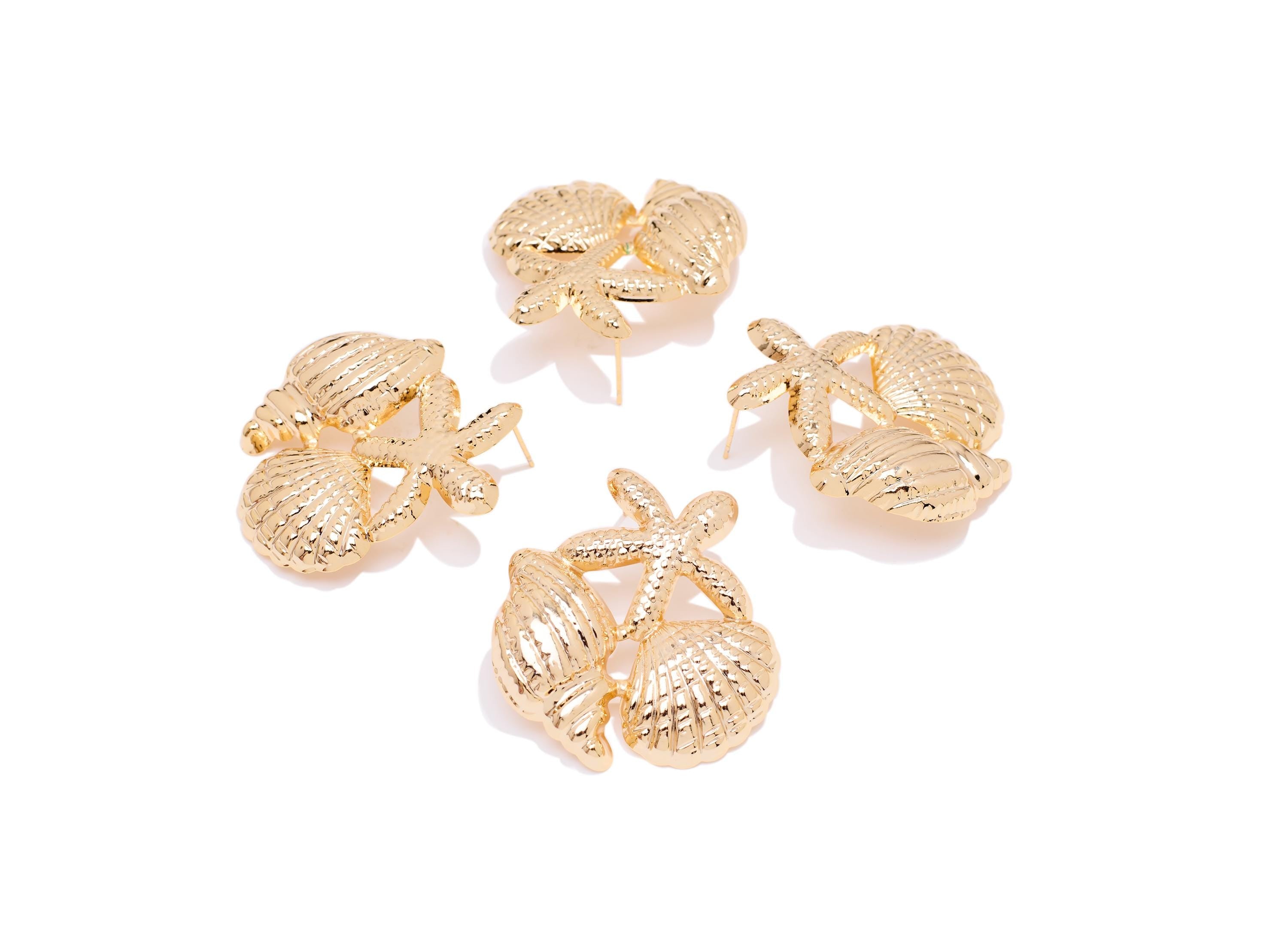 Brass Conch Starfish Post - Textured Shell Marine Earring Stud - Refined Gold Marine Jewelry - 18K Real Gold Plated - 40x36x5mm - RGP10420 - DOMEDBAZAAR