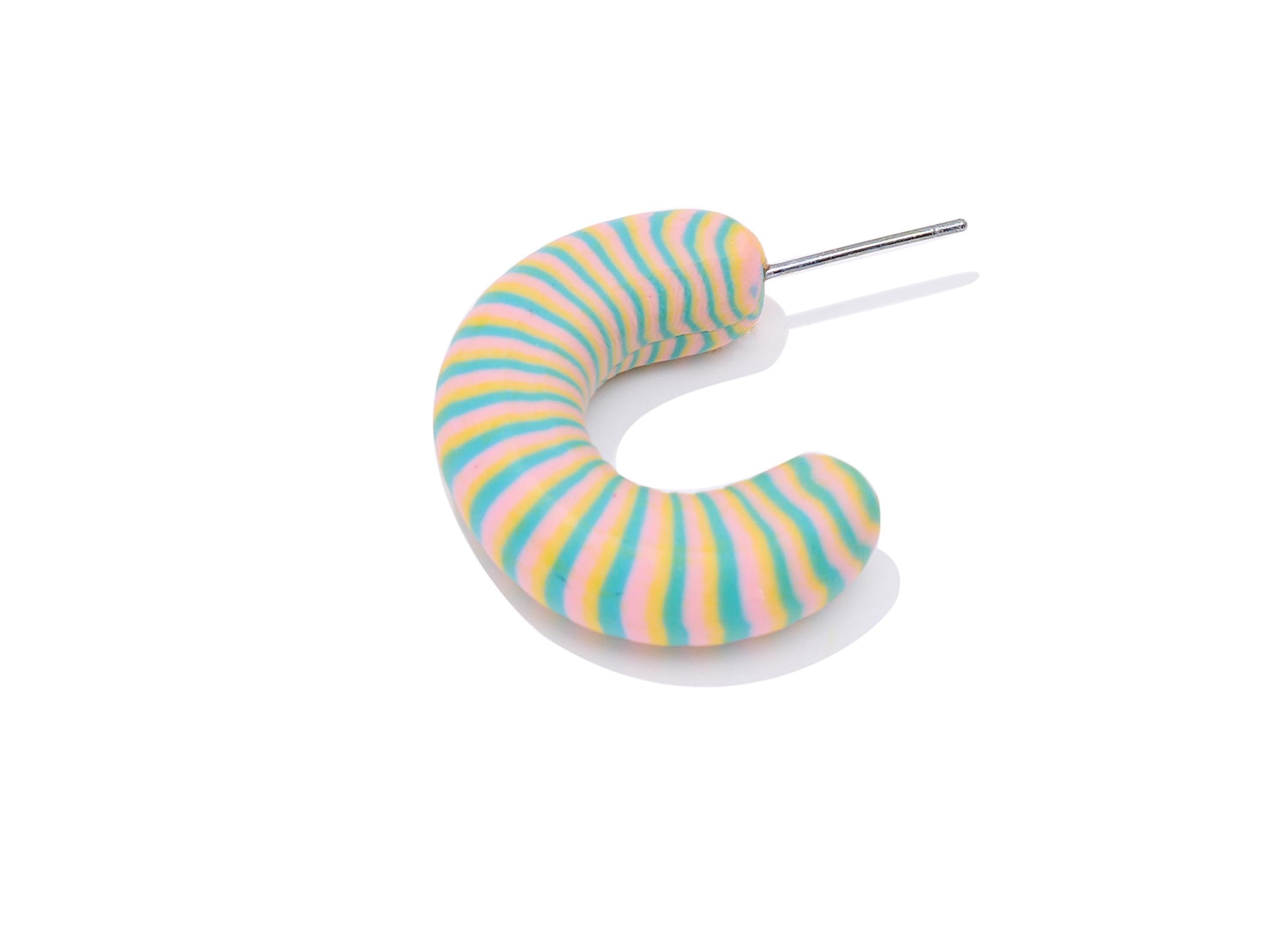Polymer Clay Hoop Earring Stud - Artistic Lightweight Polymer Clay Earring Post - Modern Striped Polymer Clay Hoop - 34x28x8.44mm - PC2378 - DOMEDBAZAAR