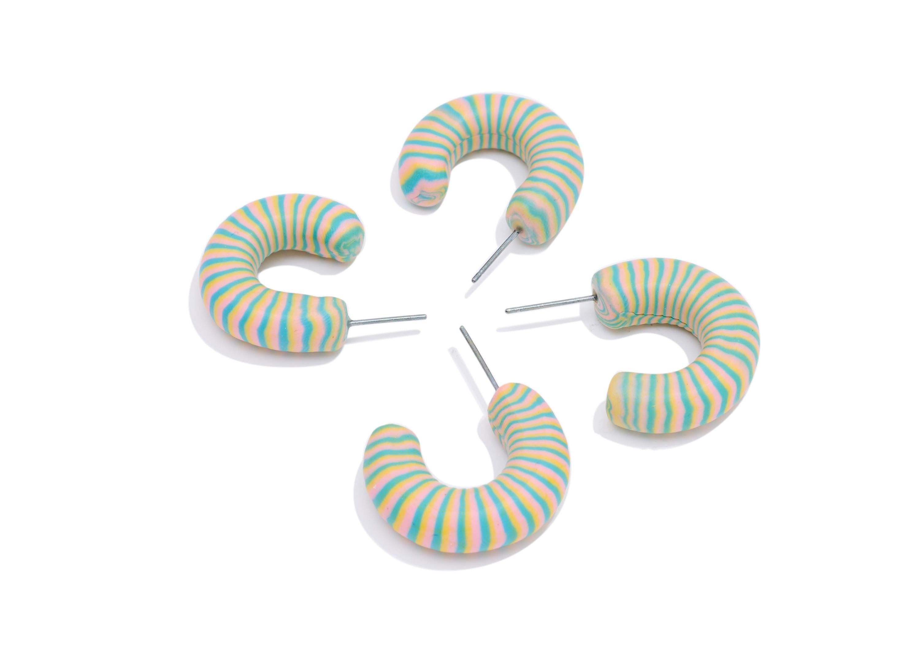 Polymer Clay Hoop Earring Stud - Artistic Lightweight Polymer Clay Earring Post - Modern Striped Polymer Clay Hoop - 34x28x8.44mm - PC2378 - DOMEDBAZAAR