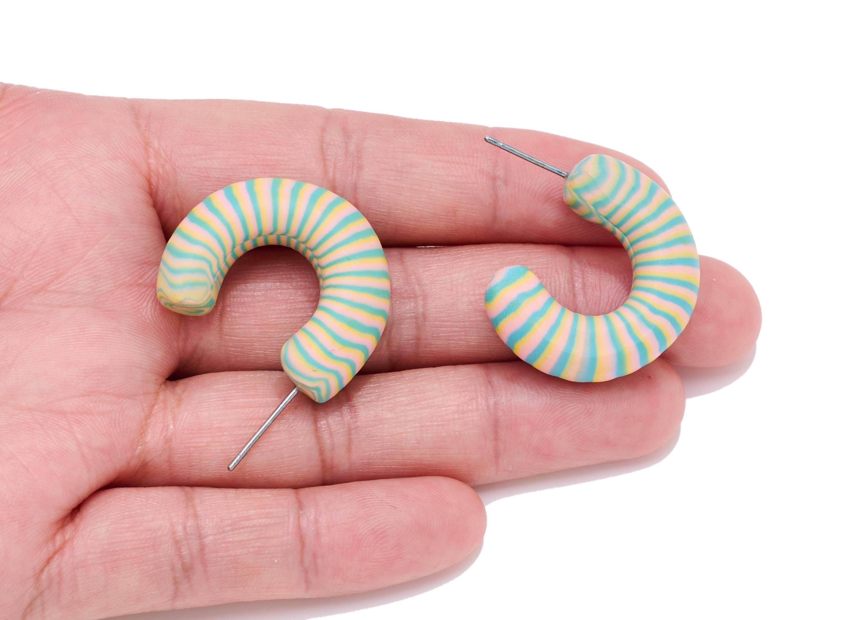 Polymer Clay Hoop Earring Stud - Artistic Lightweight Polymer Clay Earring Post - Modern Striped Polymer Clay Hoop - 34x28x8.44mm - PC2378 - DOMEDBAZAAR