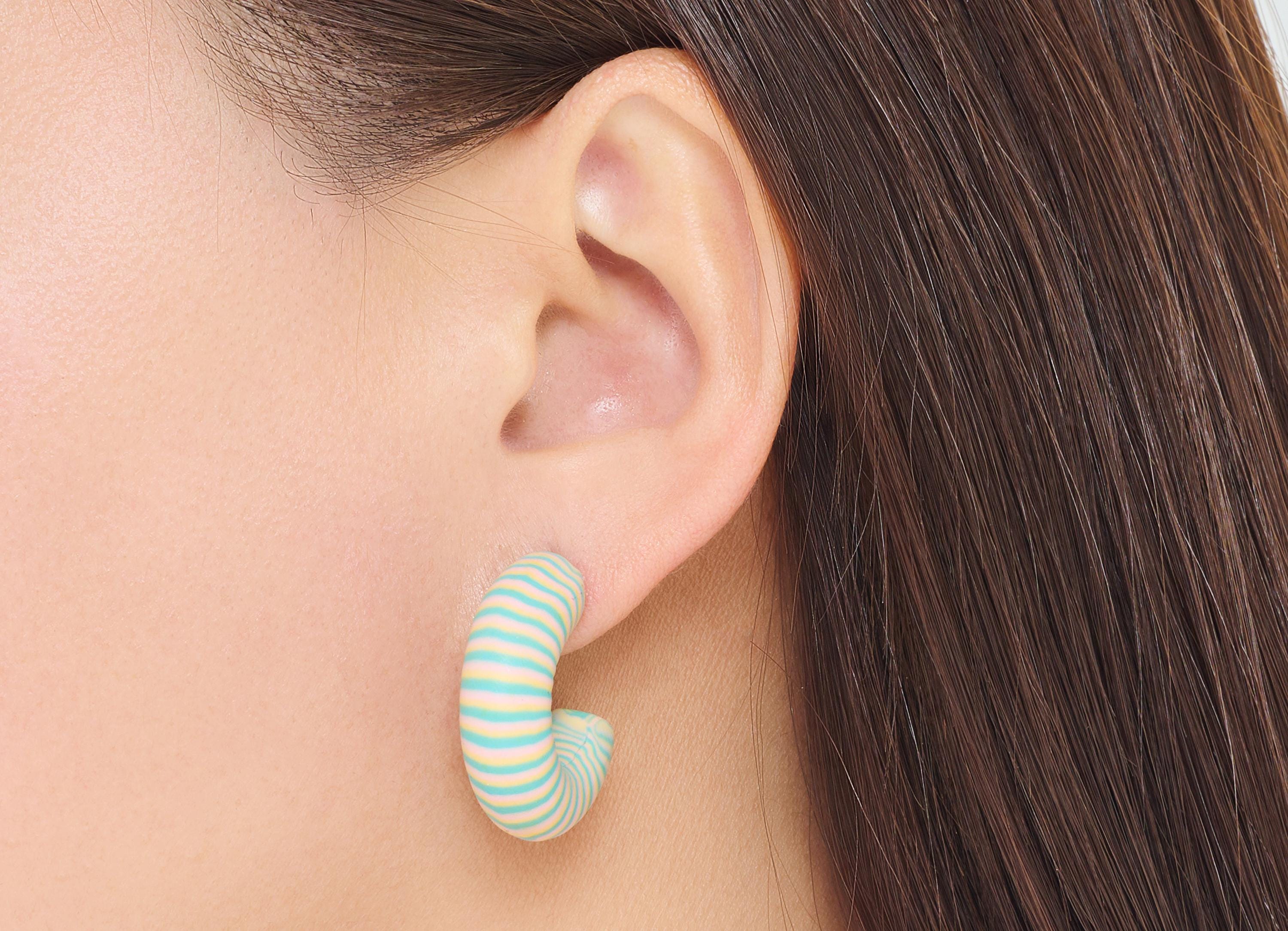 Polymer Clay Hoop Earring Stud - Artistic Lightweight Polymer Clay Earring Post - Modern Striped Polymer Clay Hoop - 34x28x8.44mm - PC2378 - DOMEDBAZAAR