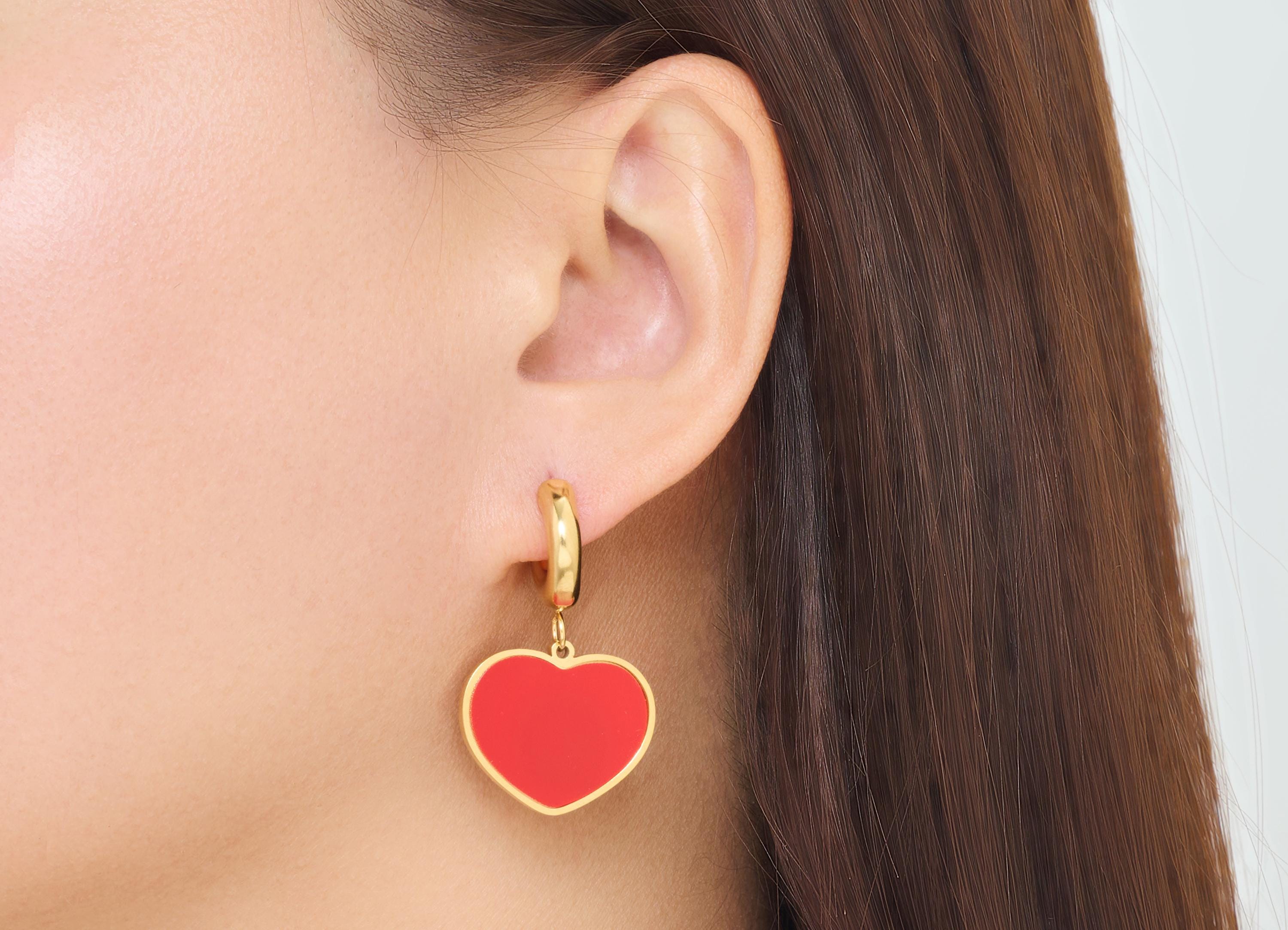 Stainless Steel Dangle Heart Stud - Gold Acrylic Hanging C Hoop Earring Post - Modern Steel Stud - Gold Vacuum Plated - 38x23x1.8mm - SS2228 - DOMEDBAZAAR