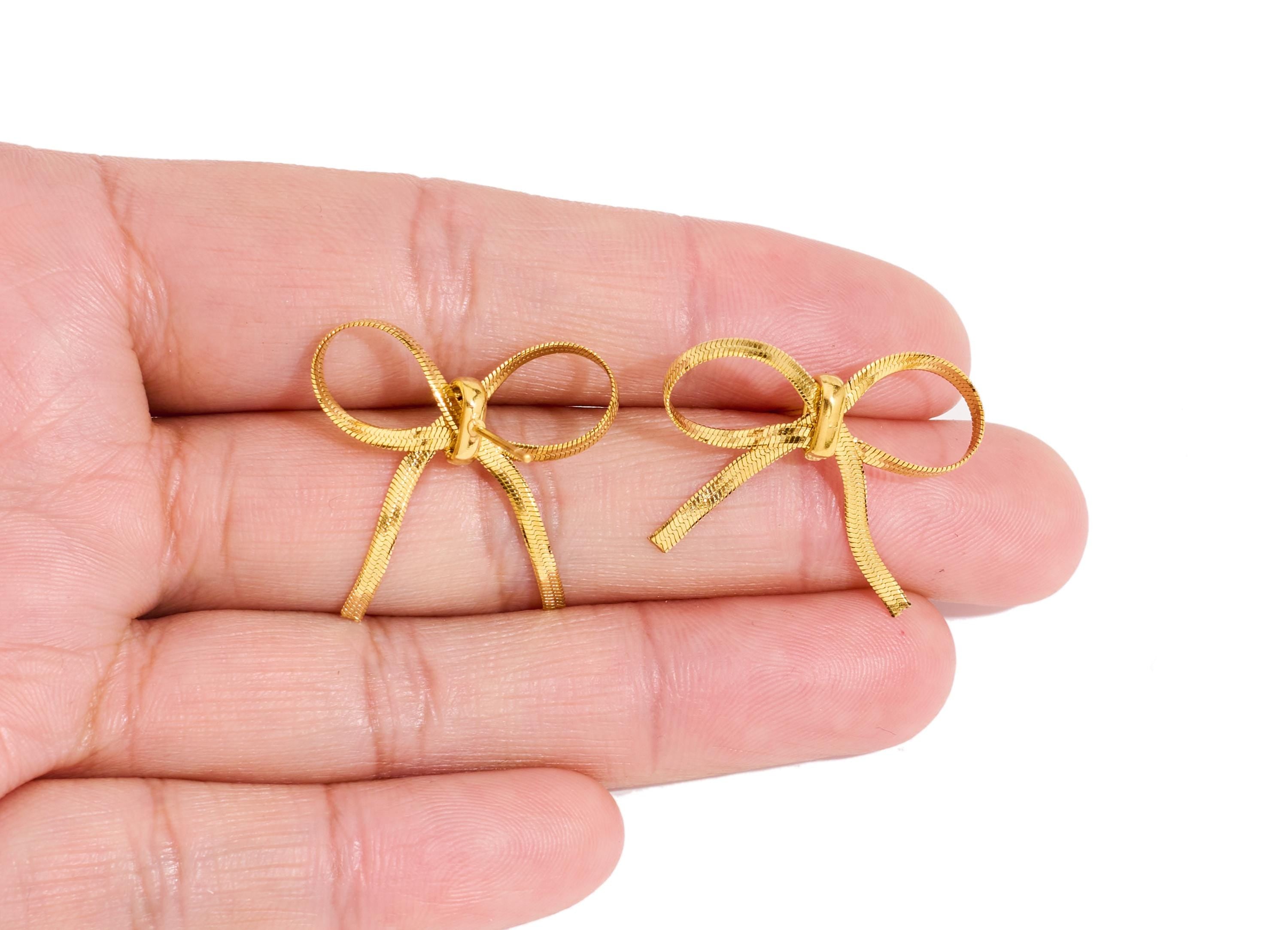 Stainless Steel Bowtie Stud - Steel Chain Bow Earring Post - Gold Ribbon Earring Post - Gold Tone Vacuum Plated - 17x25.48x7.97mm - SS2227 - DOMEDBAZAAR