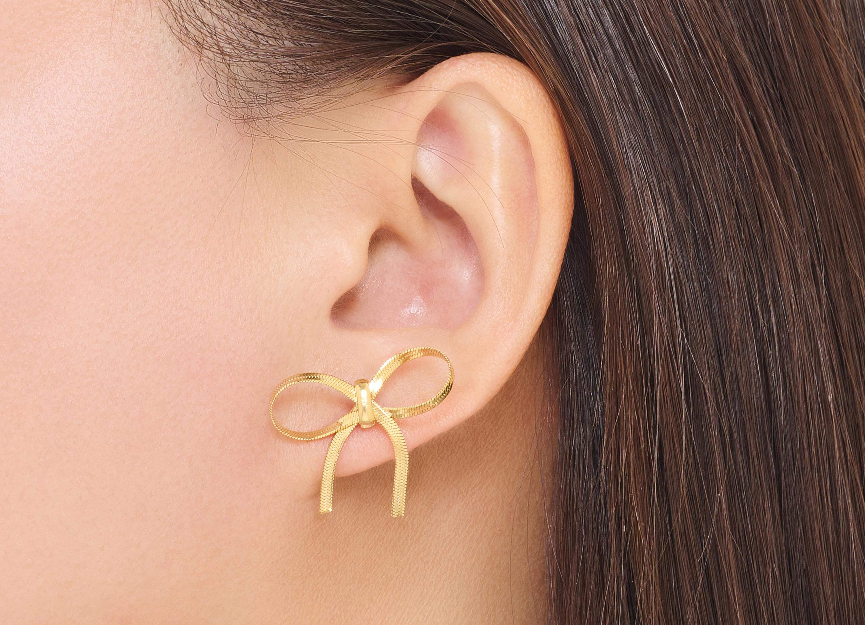 Stainless Steel Bowtie Stud - Steel Chain Bow Earring Post - Gold Ribbon Earring Post - Gold Tone Vacuum Plated - 17x25.48x7.97mm - SS2227 - DOMEDBAZAAR
