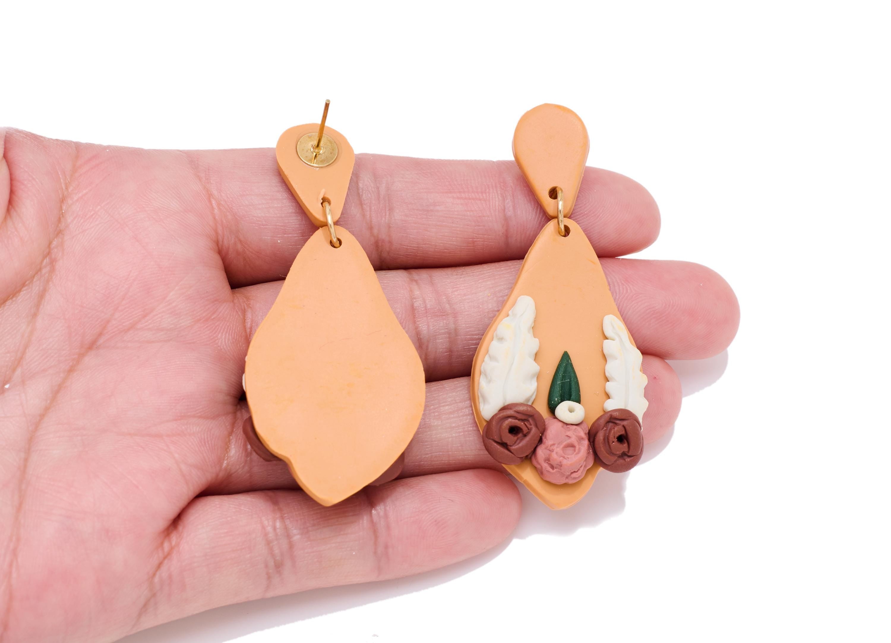 Polymer Clay Earring Stud - Artistic Dangle Polymer Clay Post - Modern 3D Floral Details Jewelry - Handcrafted Stud - 60x24x6.27mm - PC2419 - DOMEDBAZAAR