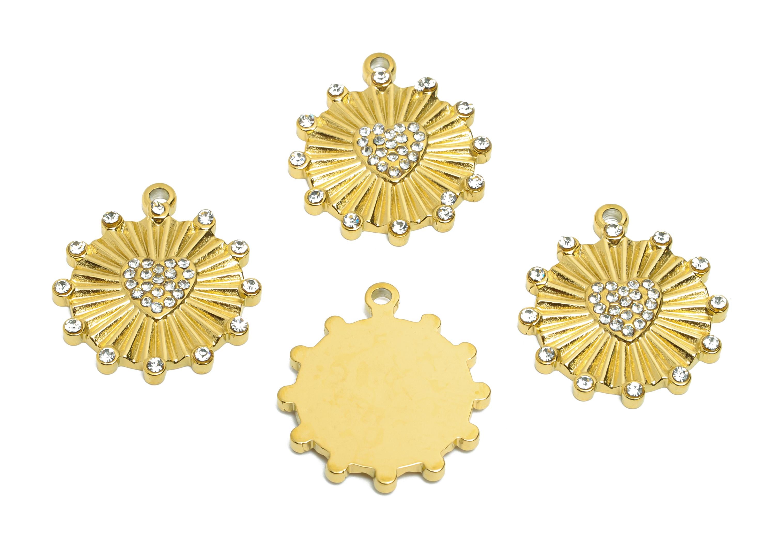 Stainless Steel Heart Charms - Textured Zircon Sunburst Heart Pendant - Shiny Sunray Heart Pendant - Steel Accessory - 22x19x2.53mm - SS1613 - DOMEDBAZAAR