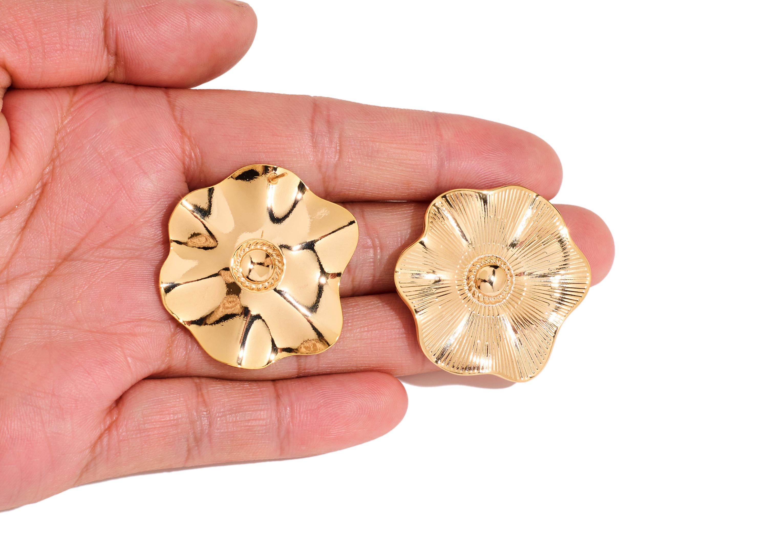 Brass Floral Earring Post - Textured Flower Botanical Earring Stud - Bold Gold Floral Jewelry - 18K Real Gold Plated - 33x30x1mm - RGP10416 - DOMEDBAZAAR