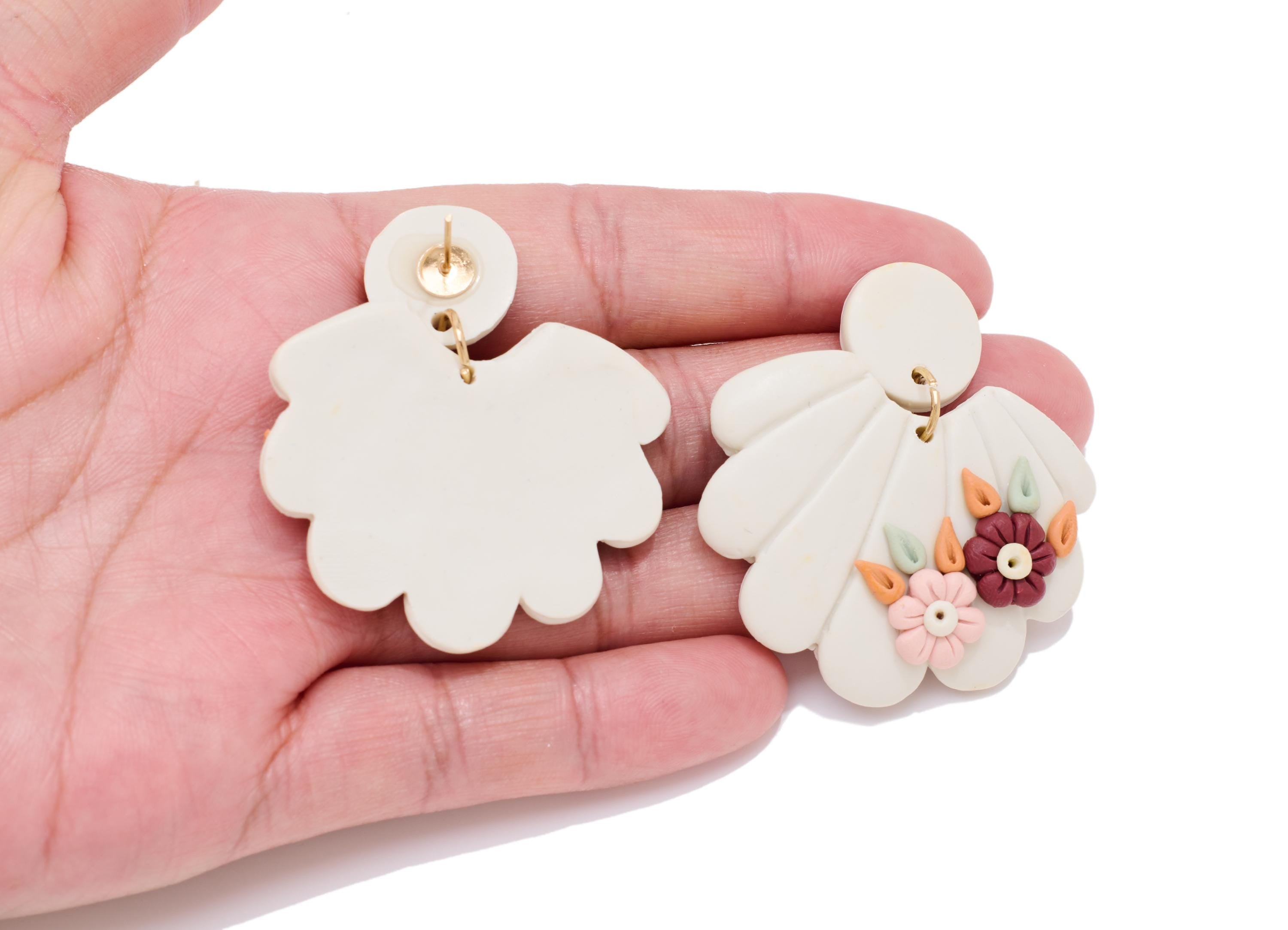 Polymer Clay Earring Stud - Shell Dangle Polymer Clay Post - Modern 3D Floral Details Jewelry - Handcrafted Stud - 44x43x6.15mm - PC2371 - DOMEDBAZAAR