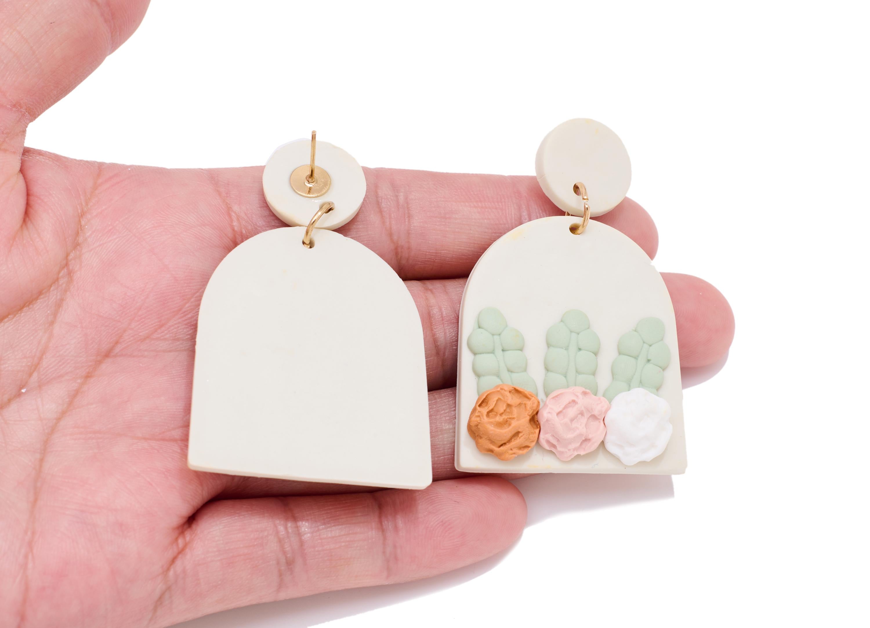 Polymer Clay Earring Stud - Elegant Domed Dangle Polymer Clay Post - Modern 3D Floral Jewelry - Handcrafted Stud - 50x34x2.7mm - PC2370 - DOMEDBAZAAR